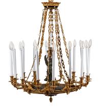 An Empire Style Gilt Bronze and Tole Sixteen-Light Chandelier