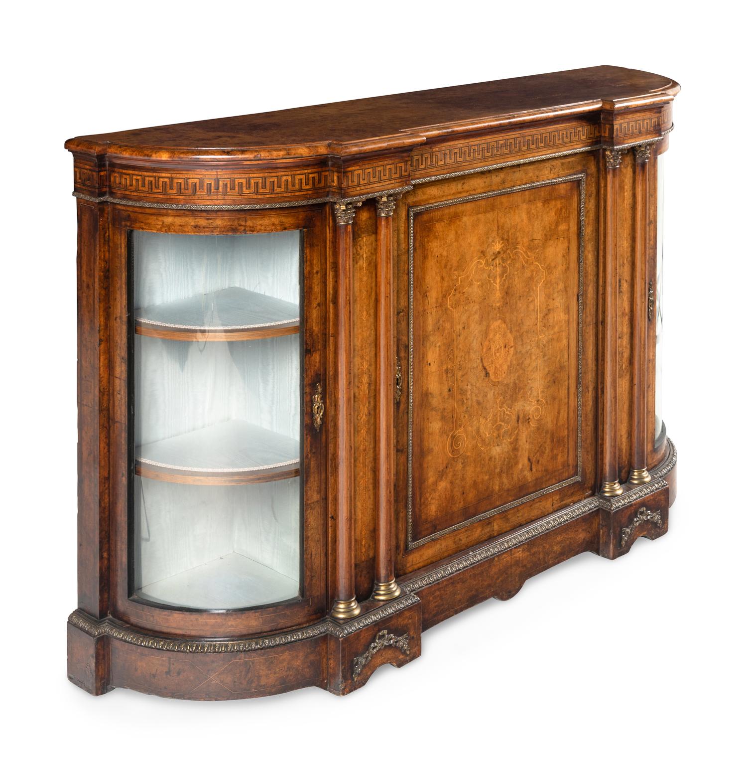 An English Gilt Metal Mounted Walnut and Marquetry Serving Cabinet