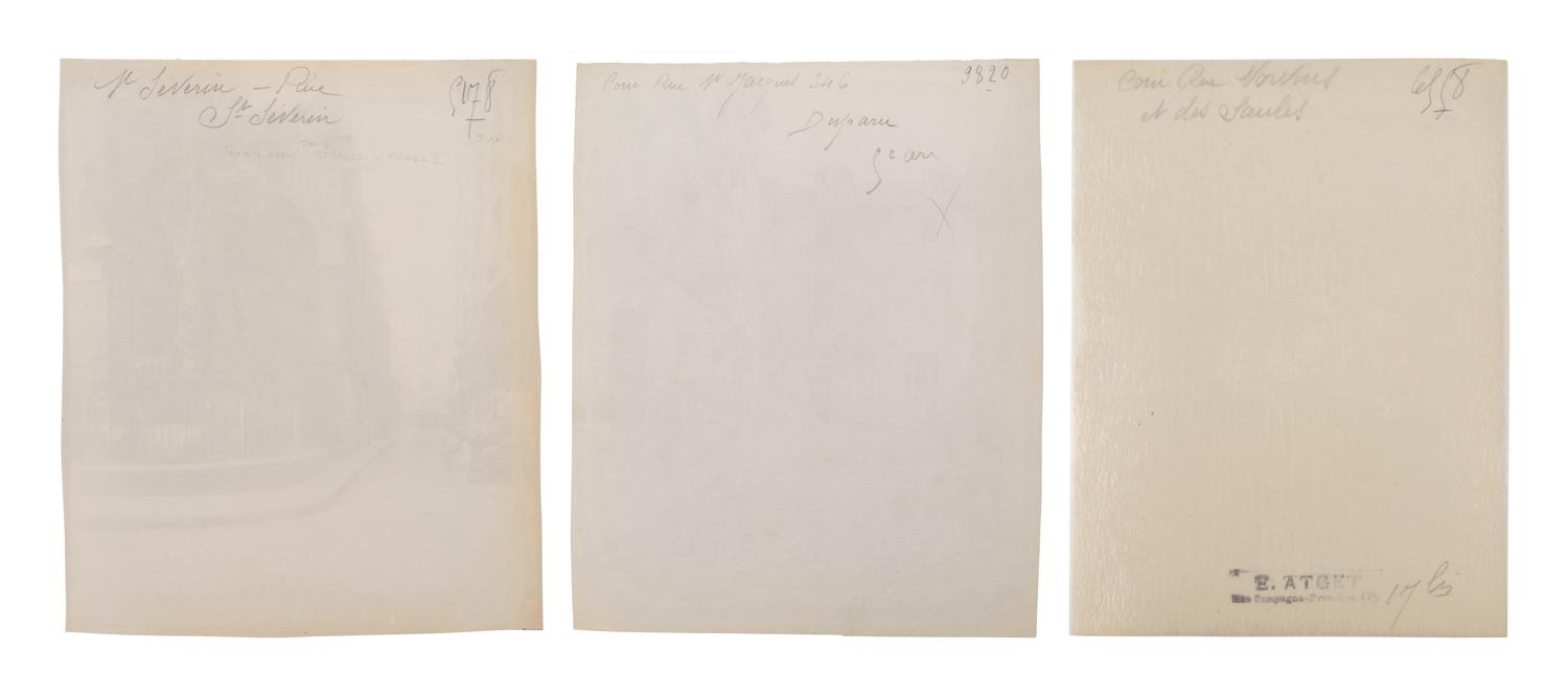 A group of three photographs ( Cour, rue Saint-Jacques 346, disparu, 5e arrondissement , 1900; Saint-Severin - rue Saint Séverin , 1905-1906; Coin, rue Norvins et des Saules , 1925)