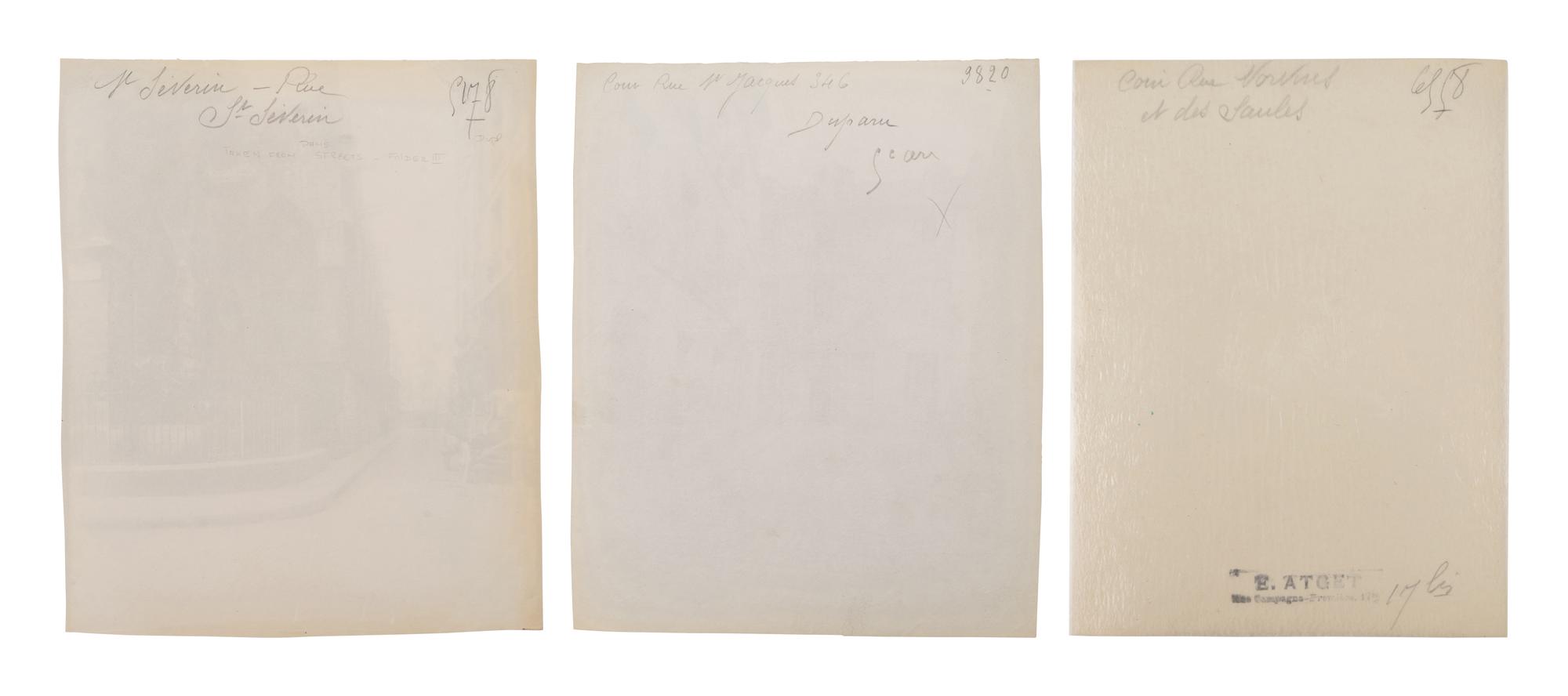 A group of three photographs ( Cour, rue Saint-Jacques 346, disparu, 5e arrondissement , 1900; Saint-Severin - rue Saint Séverin , 1905-1906; Coin, rue Norvins et des Saules , 1925)