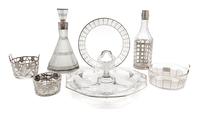 Seven Art Deco Silver Overlay Glass Table Articles Height of tallest 10 3/4 inches.