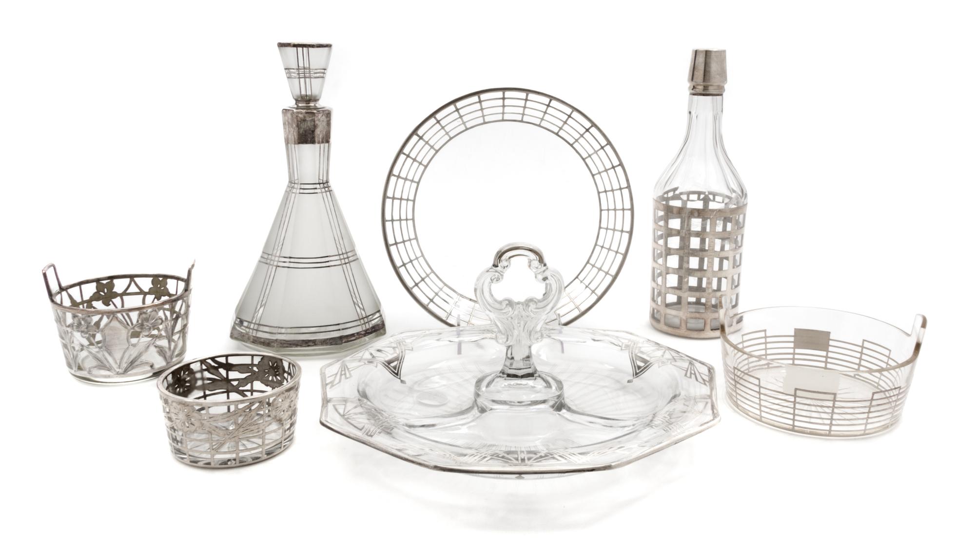 Seven Art Deco Silver Overlay Glass Table Articles Height of tallest 10 3/4 inches.