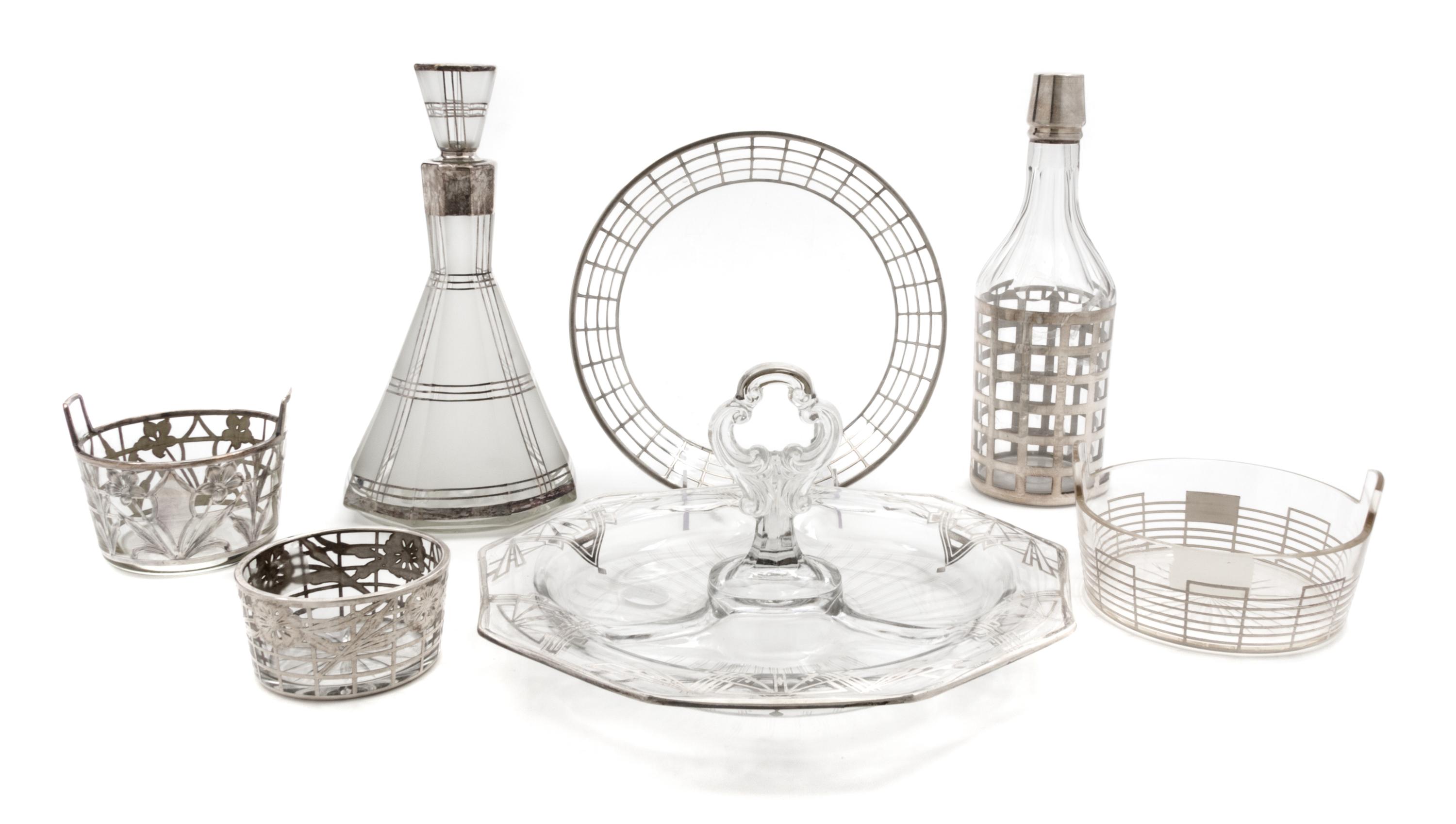 Seven Art Deco Silver Overlay Glass Table Articles Height of tallest 10 3/4 inches.