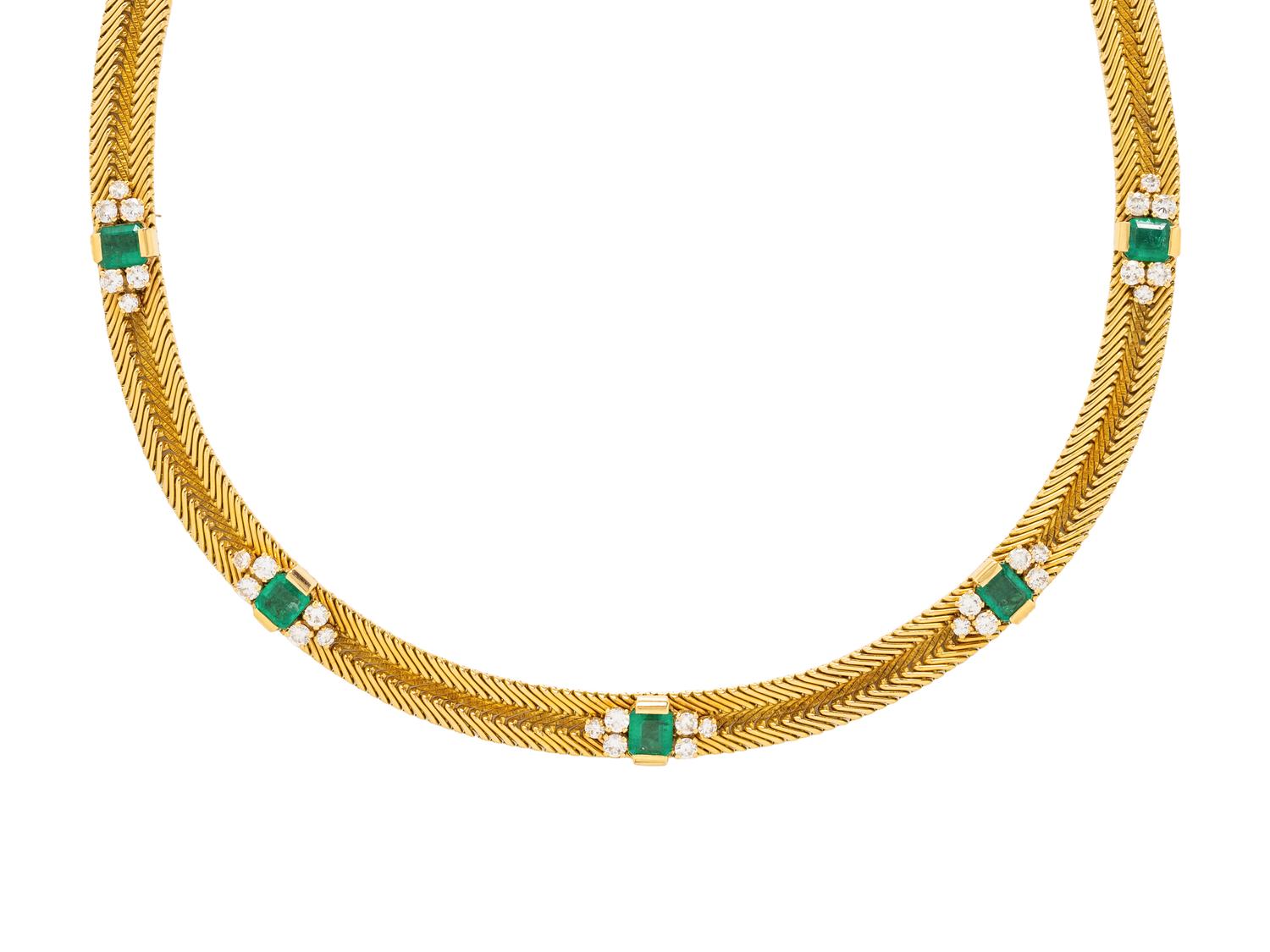 FRENCH, YELLOW GOLD, EMERALD AND DIAMOND NECKLACE