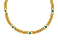 FRENCH, YELLOW GOLD, EMERALD AND DIAMOND NECKLACE