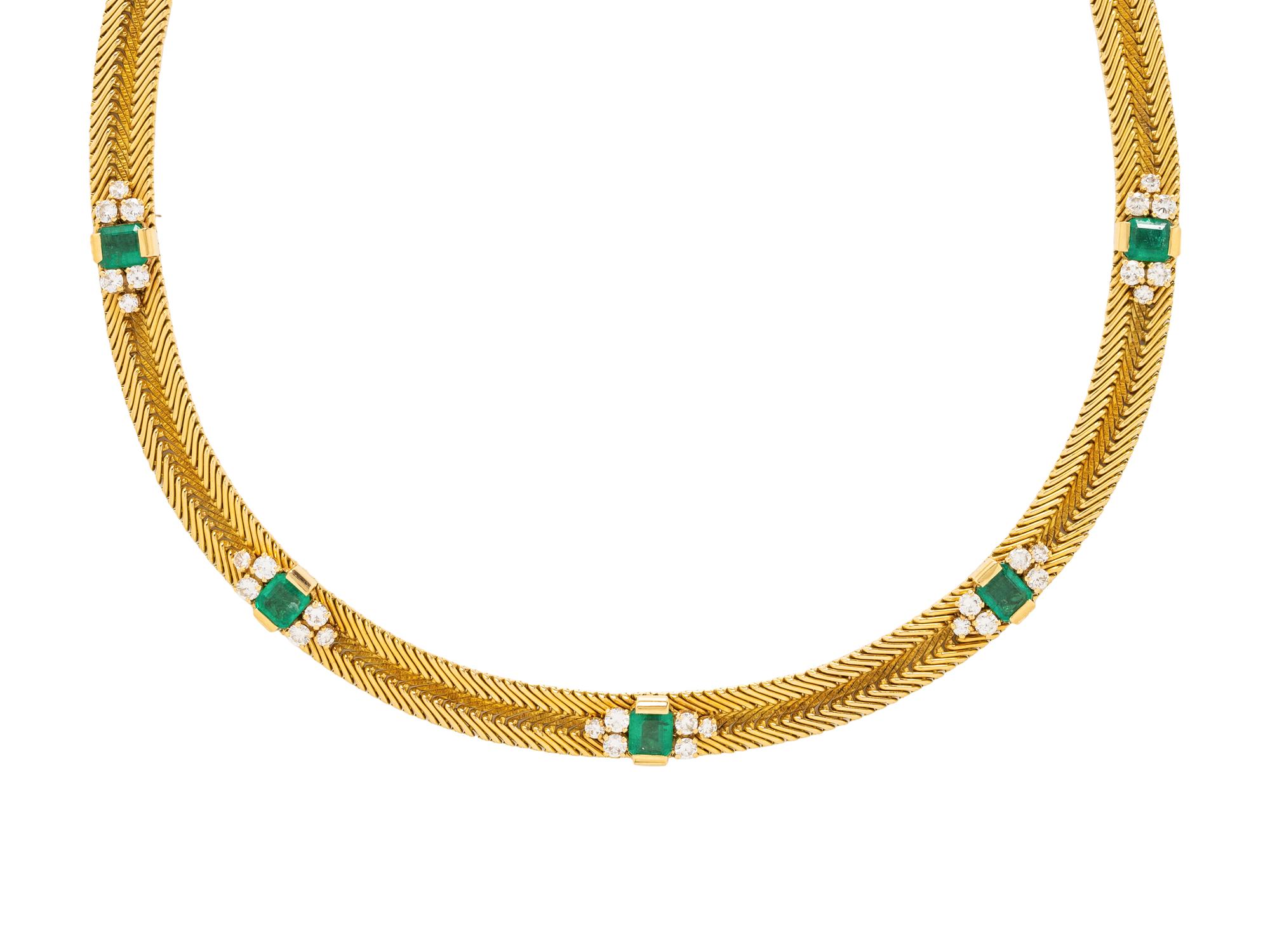 FRENCH, YELLOW GOLD, EMERALD AND DIAMOND NECKLACE
