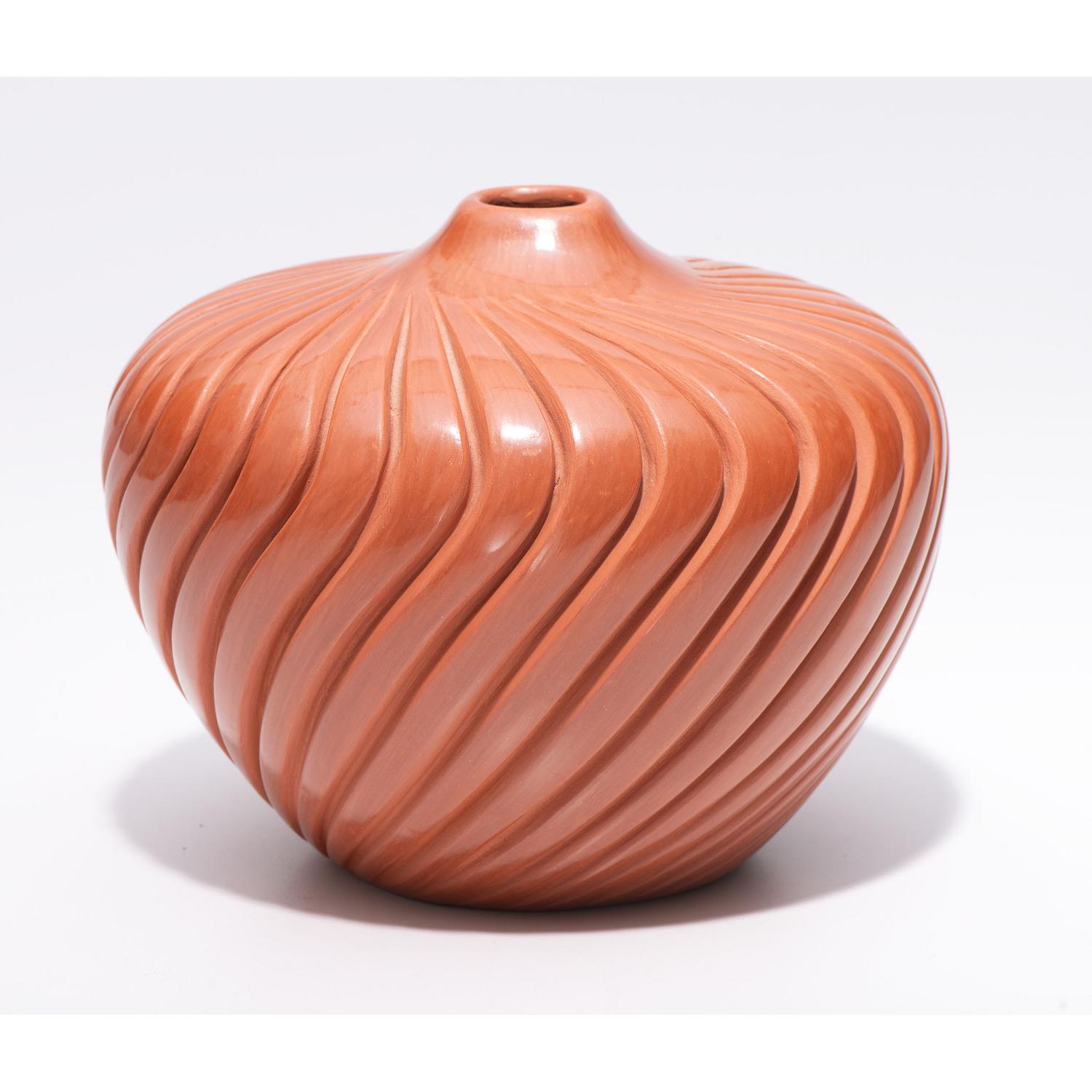 Deeply Carved Redware Pottery Jar