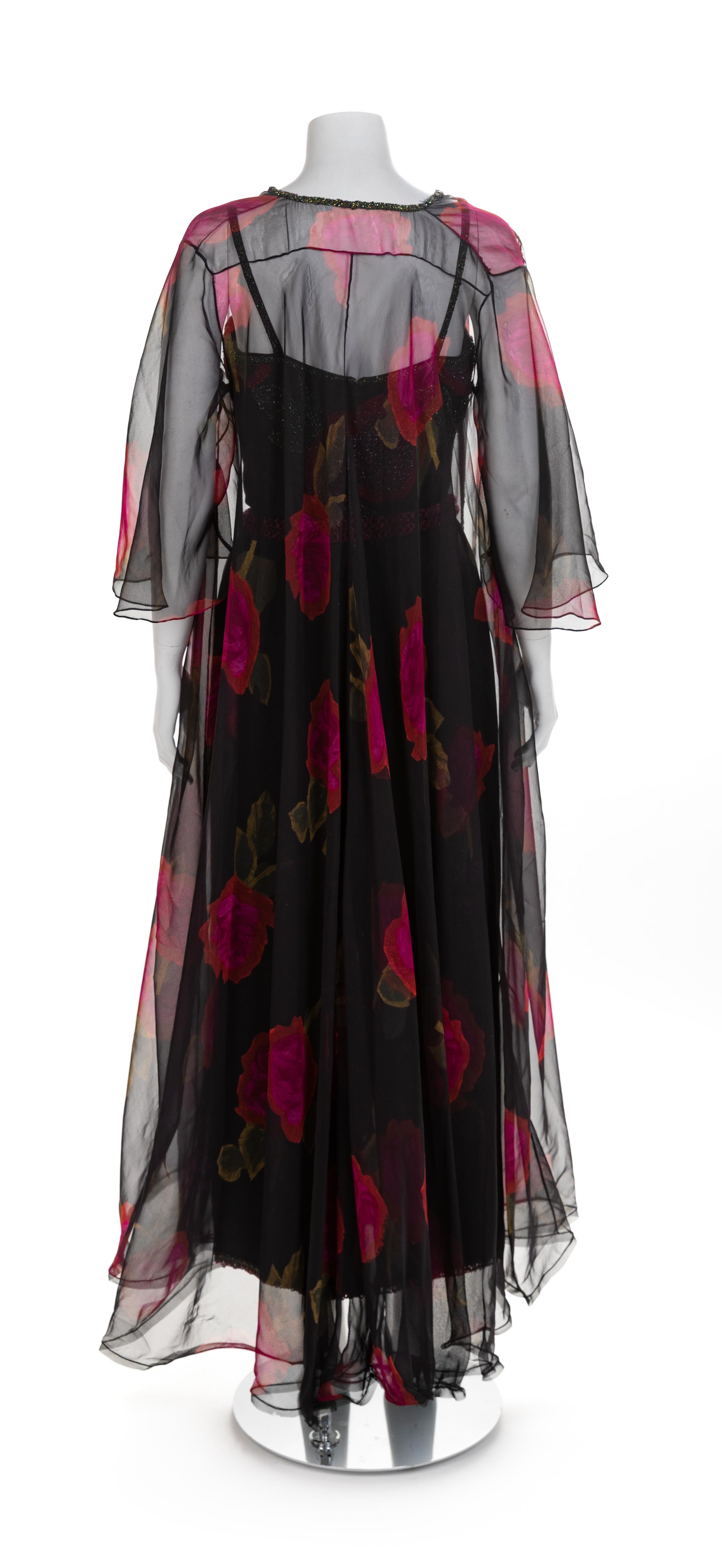 Beaded Flower Chiffon Long Dress with Matching Kimono and Belt, 1970-80s