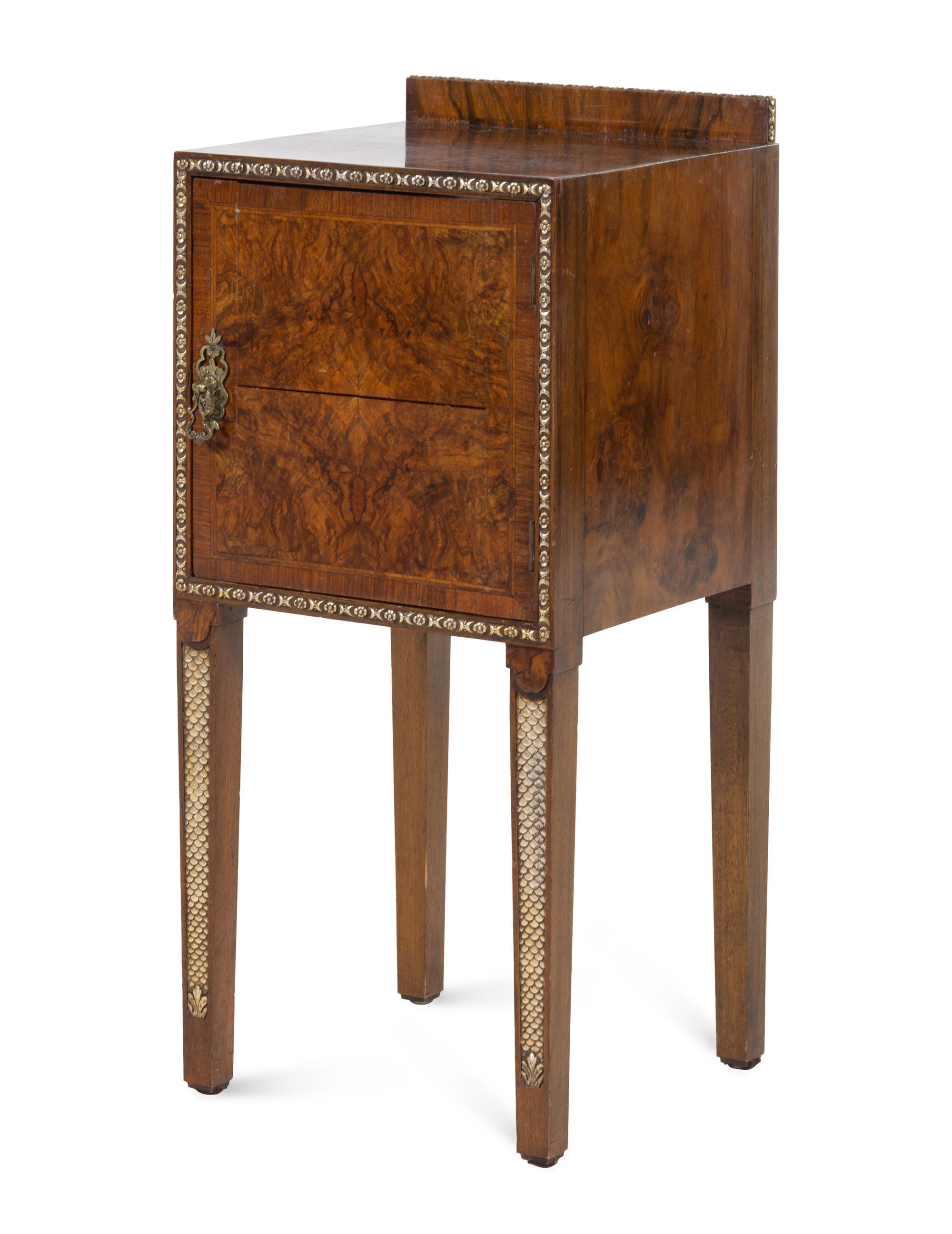 An Art Deco Silvered Metal Mounted Burlwood Nightstand