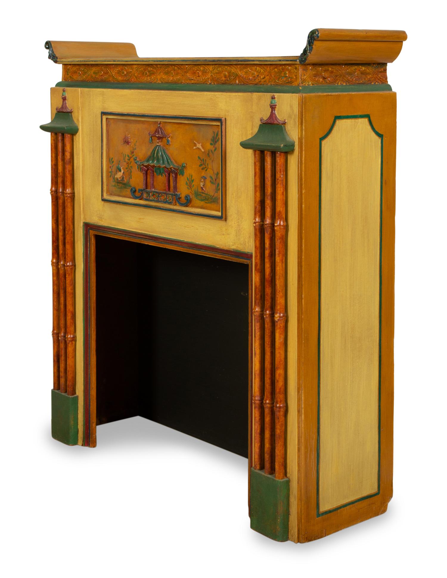 A Chinoiserie-Decorated Carved and Polychrome Painted Chimneypiece