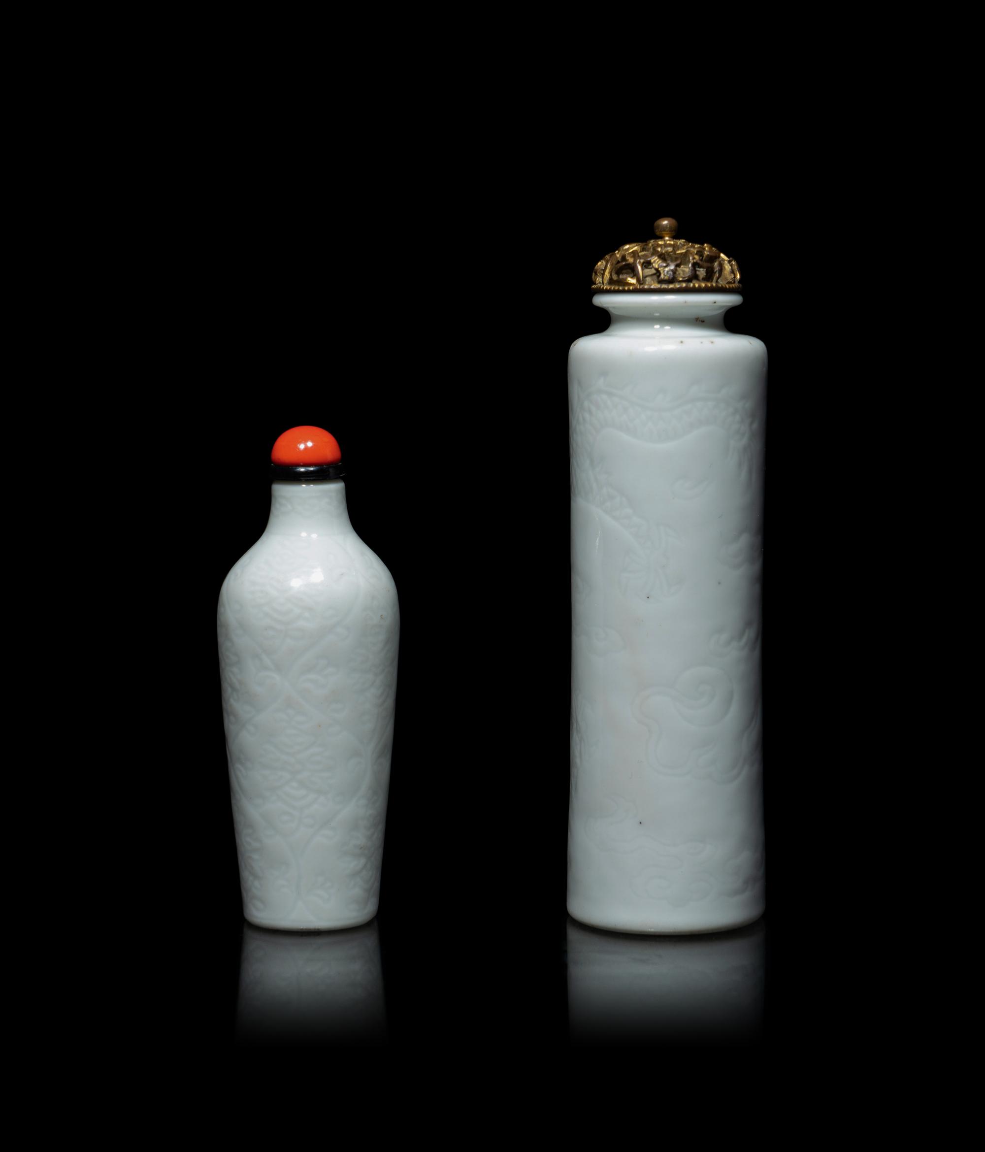 Two Chinese Anhua White Glazed Snuff Bottles