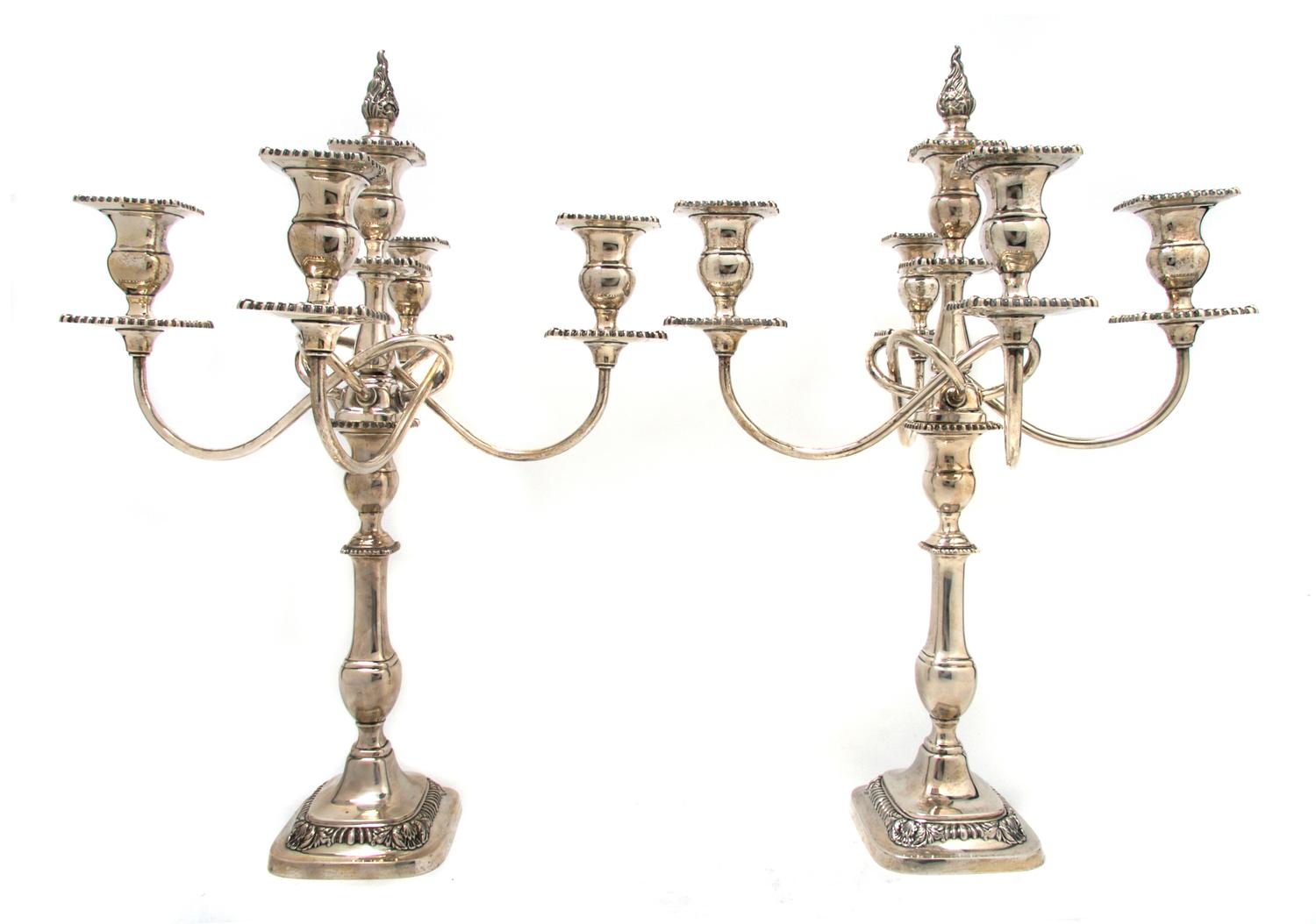 A Pair of American Sterling Silver Four-Light Candelabra, International, Height overall 20 3/4 inches.