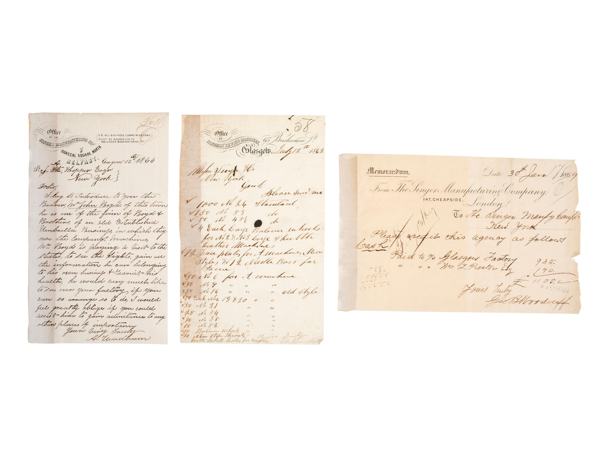 [BUSINESS & INDUSTRY]. Extensive manuscript archive involving the Singer Manufacturing Company and associated employees, agents, manufacturers, and clients.