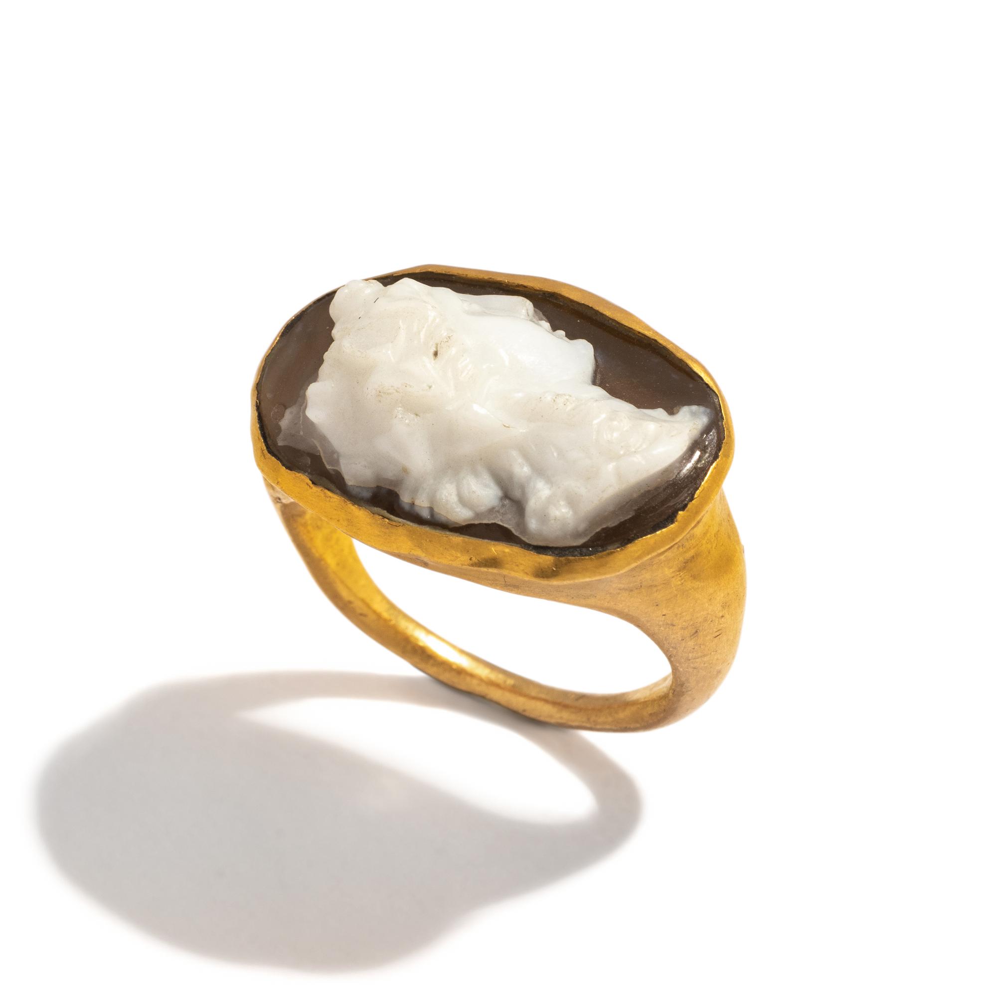 A Hellenistic Gold and Sardonyx Cameo Finger Ring with the God Dionysos
