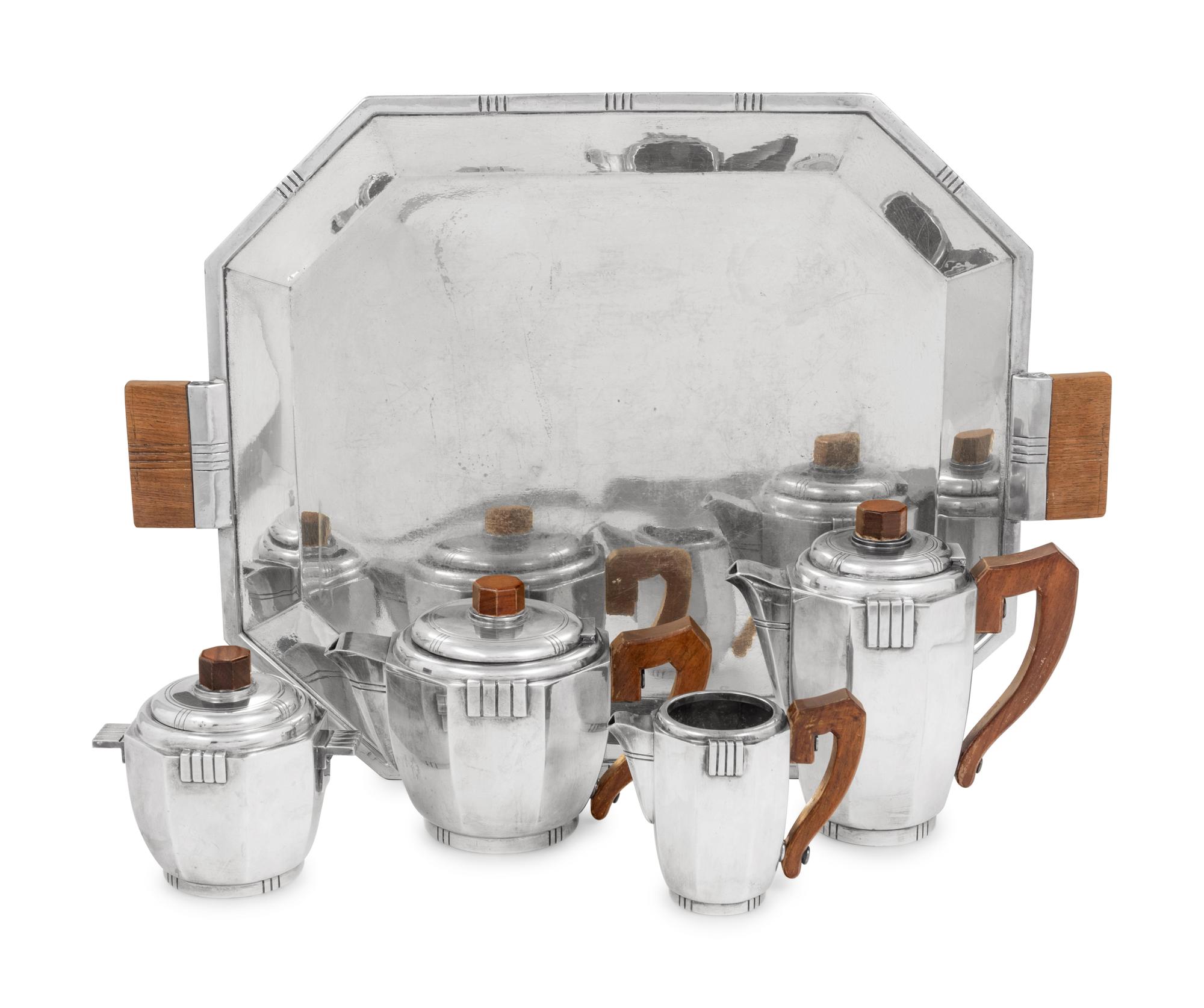 A French Art Deco Silver-Plate Five-Piece Tea and Coffee Service