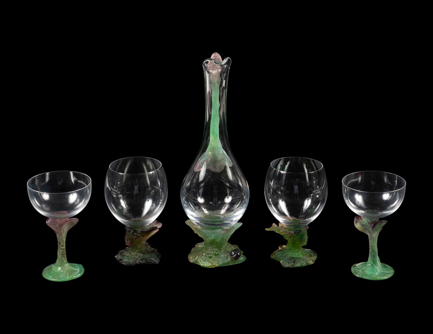 A Set of Daum Nature Pâte-de-Verre Glasses and an Ewer