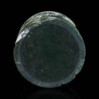 A Chinese carved dark green hardstone brushpot with marble-inlaid wood stand