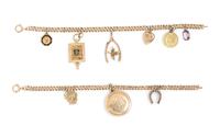 A Collection of 14 Karat Yellow Gold Charm Bracelets with Attached Charms, 24.20 dwts.