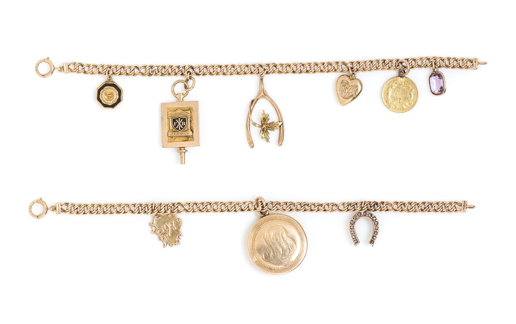 A Collection of 14 Karat Yellow Gold Charm Bracelets with Attached Charms, 24.20 dwts.