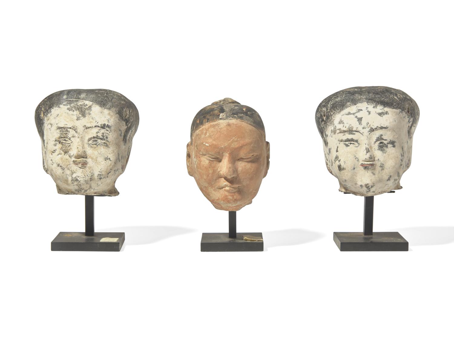 Three Chinese Painted Pottery Heads, Han Dynasty 漢 彩繪陶俑頭像三件