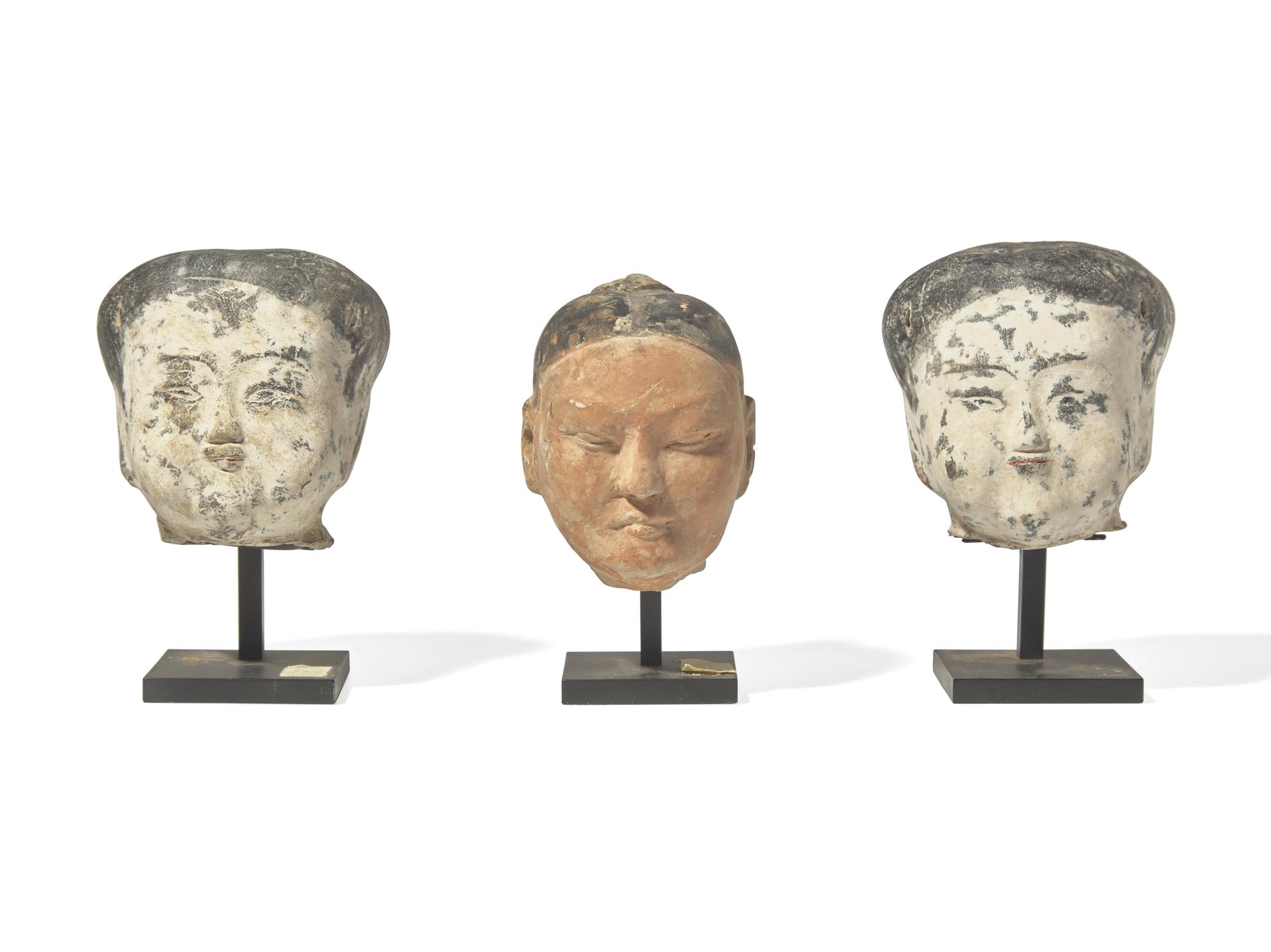 Three Chinese Painted Pottery Heads, Han Dynasty 漢 彩繪陶俑頭像三件