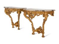 A Pair of Régence Style Giltwood Marble-Top Console Tables