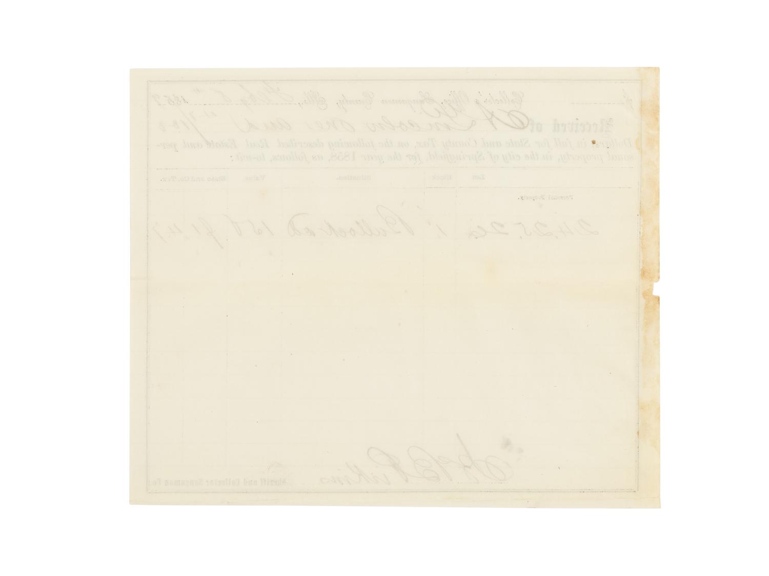LINCOLN, Abraham (1809-1865). A small archive of 9 manuscript and partially printed documents relating to the Bullock Land Transaction, Springfield, Illinois, 1855-1859, comprising: