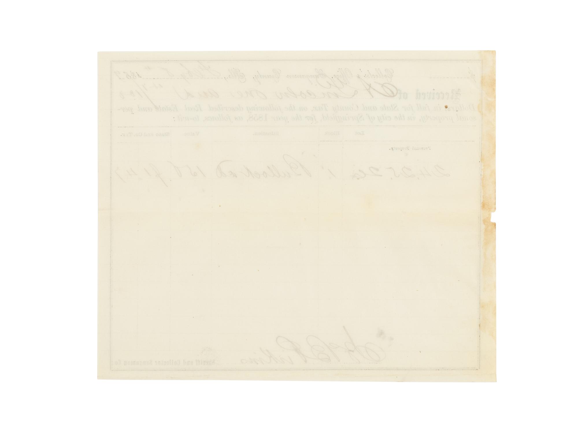 LINCOLN, Abraham (1809-1865). A small archive of 9 manuscript and partially printed documents relating to the Bullock Land Transaction, Springfield, Illinois, 1855-1859, comprising: