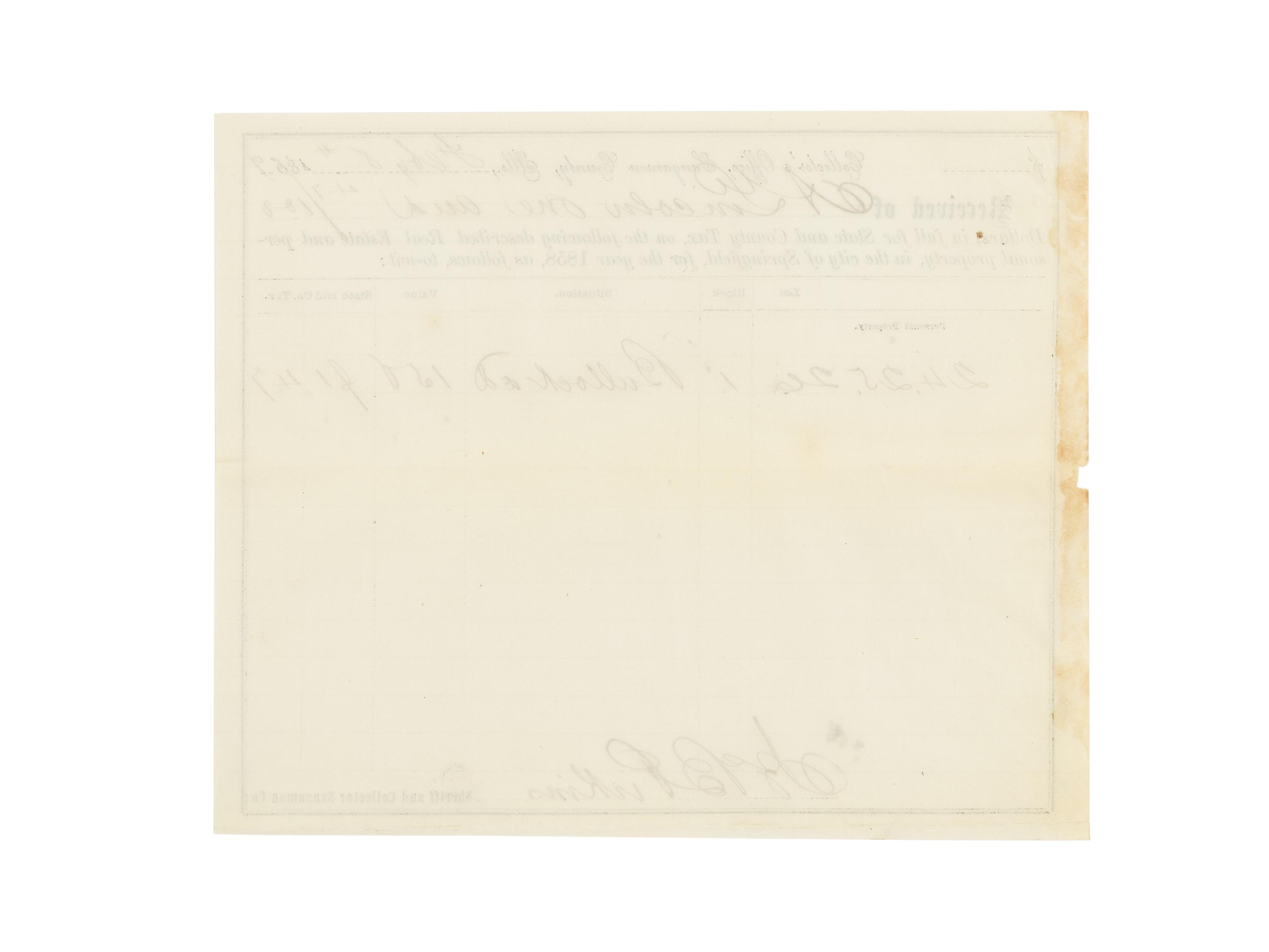 LINCOLN, Abraham (1809-1865). A small archive of 9 manuscript and partially printed documents relating to the Bullock Land Transaction, Springfield, Illinois, 1855-1859, comprising: