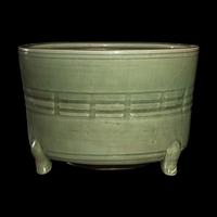 A Large Chinese Molded Longquan Celadon Glazed Porcelain Censer, Ming Dynasty 明 龍泉青釉八卦紋三足炉