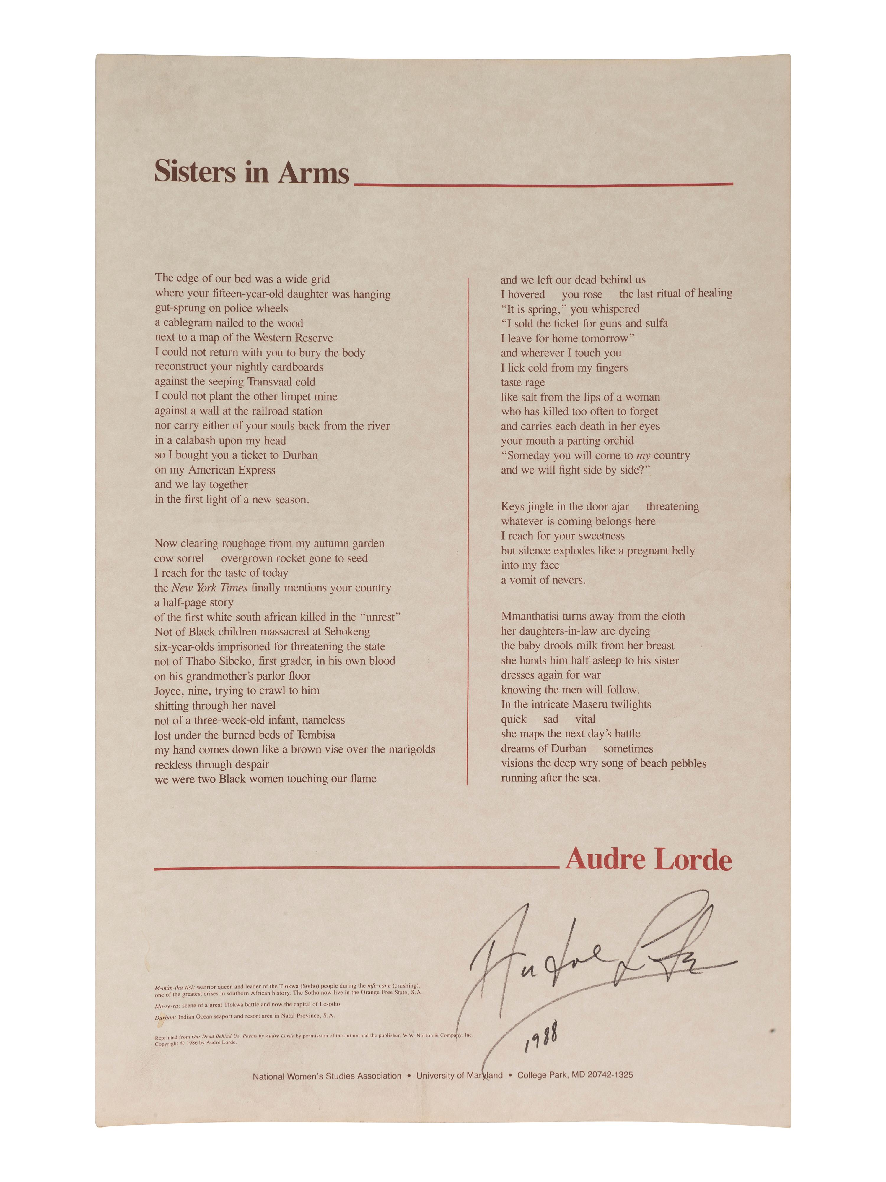 [CIVIL RIGHTS]. Sisters in Arms poster signed by Audre LORDE (1934-1992). 1988.