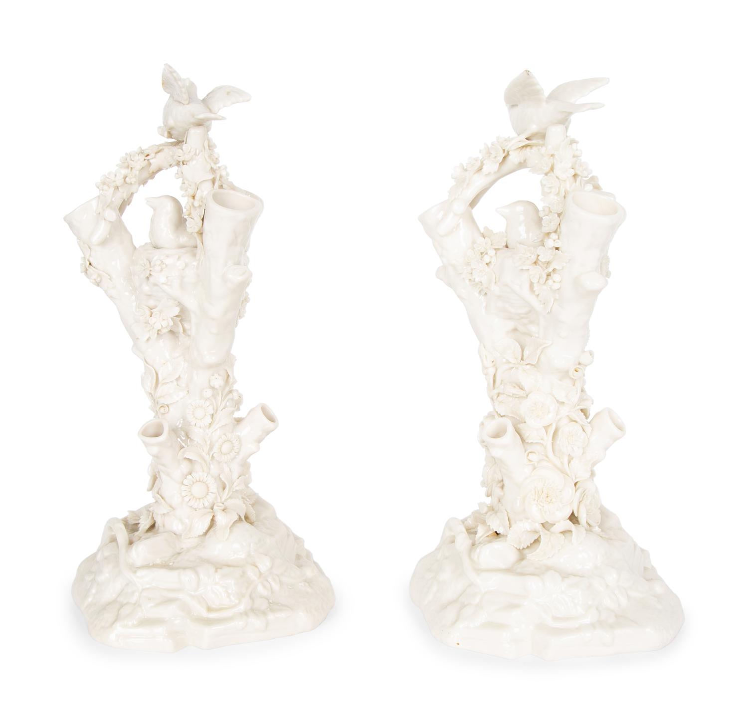 A Pair of Irish Belleek White Porcelain Bird's Nest Tree Stump Vases — LATE 19TH/EARLY 20TH CENTURY