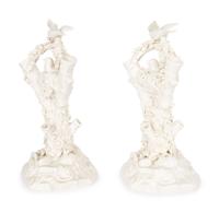 A Pair of Irish Belleek White Porcelain Bird's Nest Tree Stump Vases — LATE 19TH/EARLY 20TH CENTURY