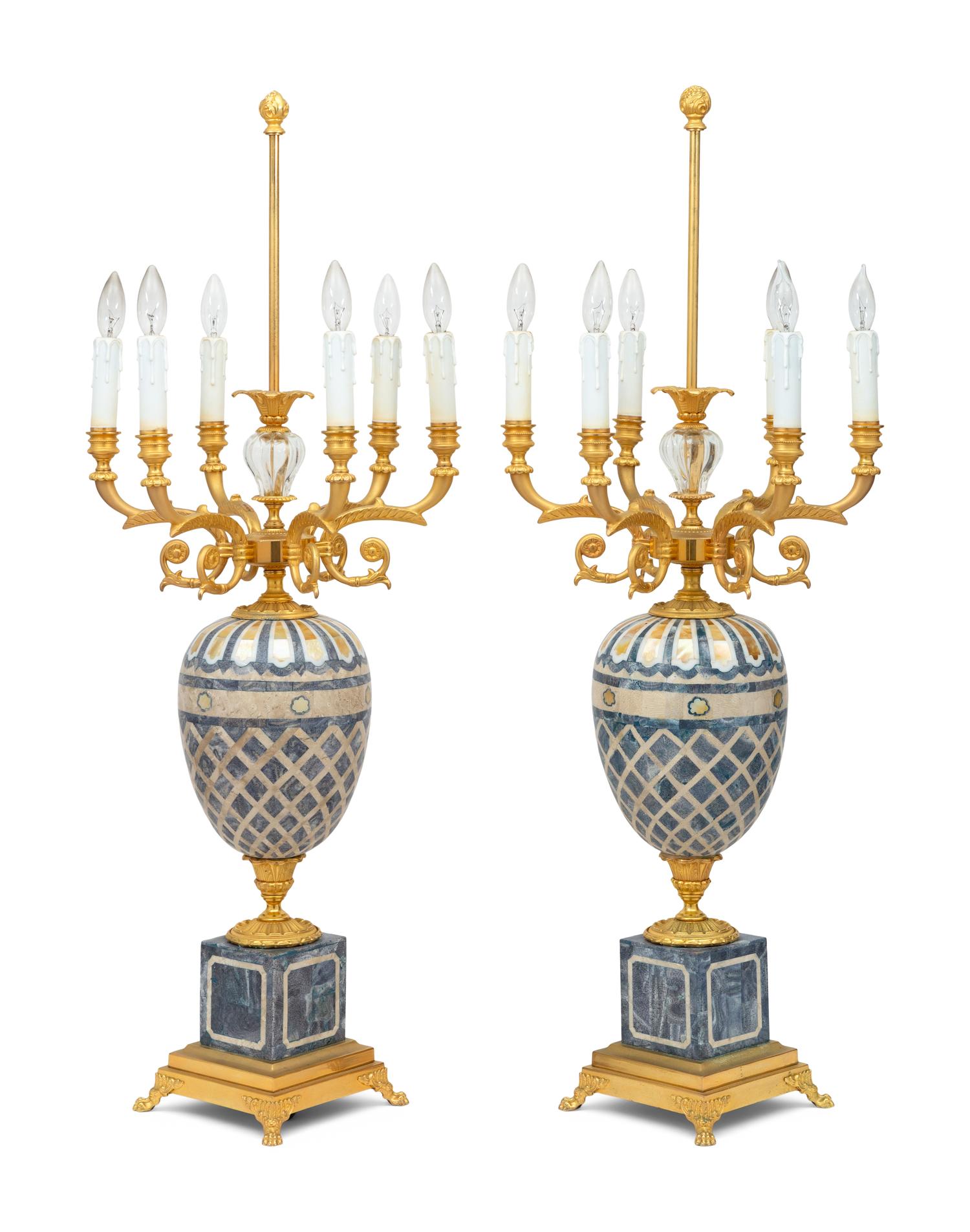 A Pair of Laudarte Ulmus Gilt Bronze, Mother-of-Pearl, and Hardstone Five-Light Table Lamps