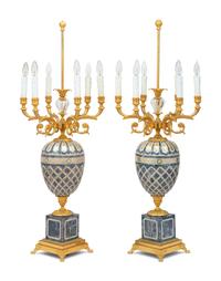A Pair of Laudarte Ulmus Gilt Bronze, Mother-of-Pearl, and Hardstone Five-Light Table Lamps