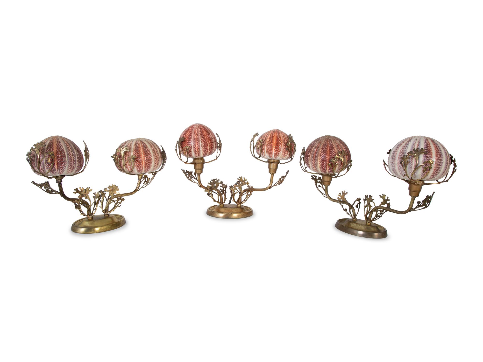 Three French Gilt Metal Sconces with Sea Urchin Globes