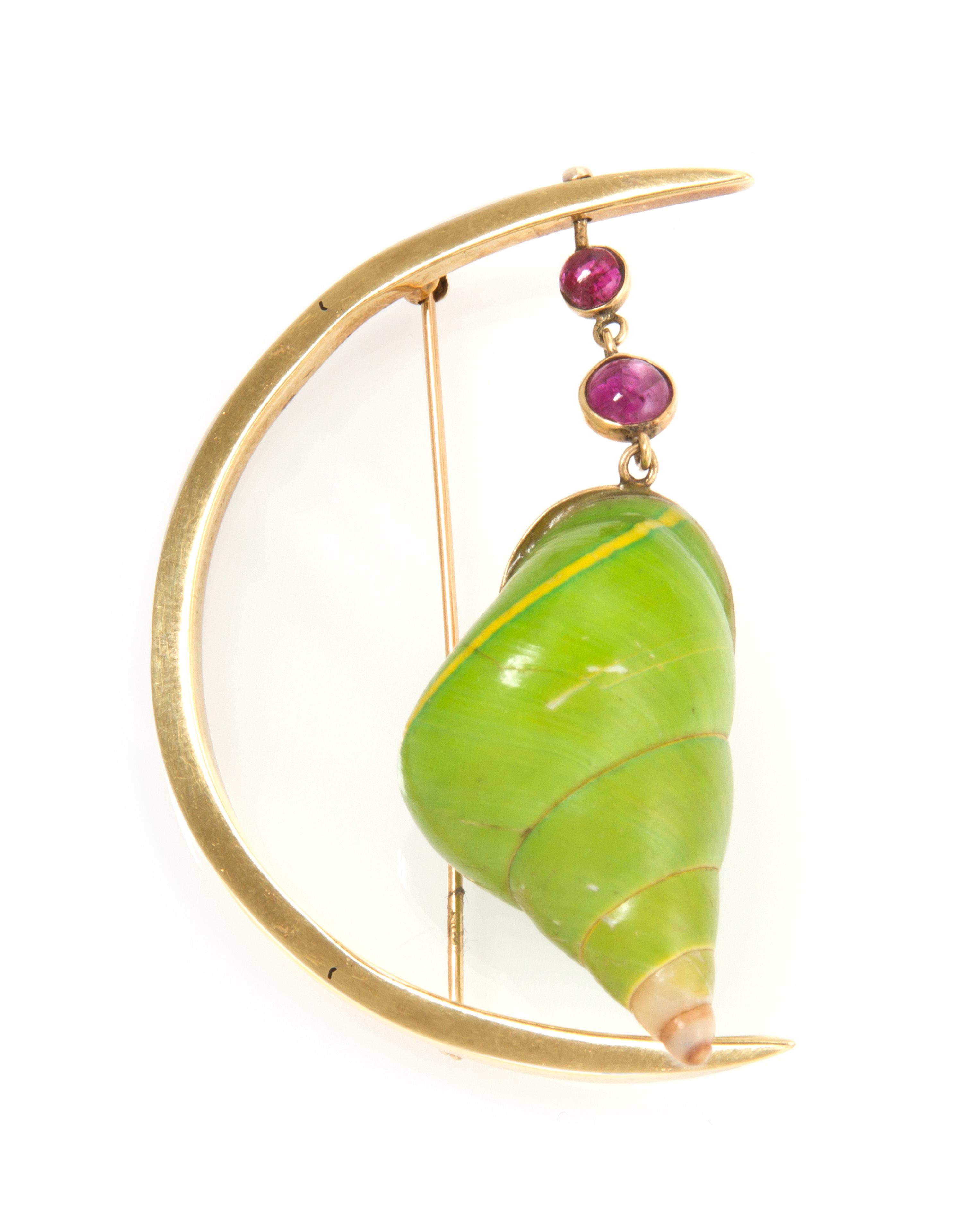 A Vintage Yellow Gold, Ruby and Shell Pin, Marguerite Stix, 7.80 dwts.