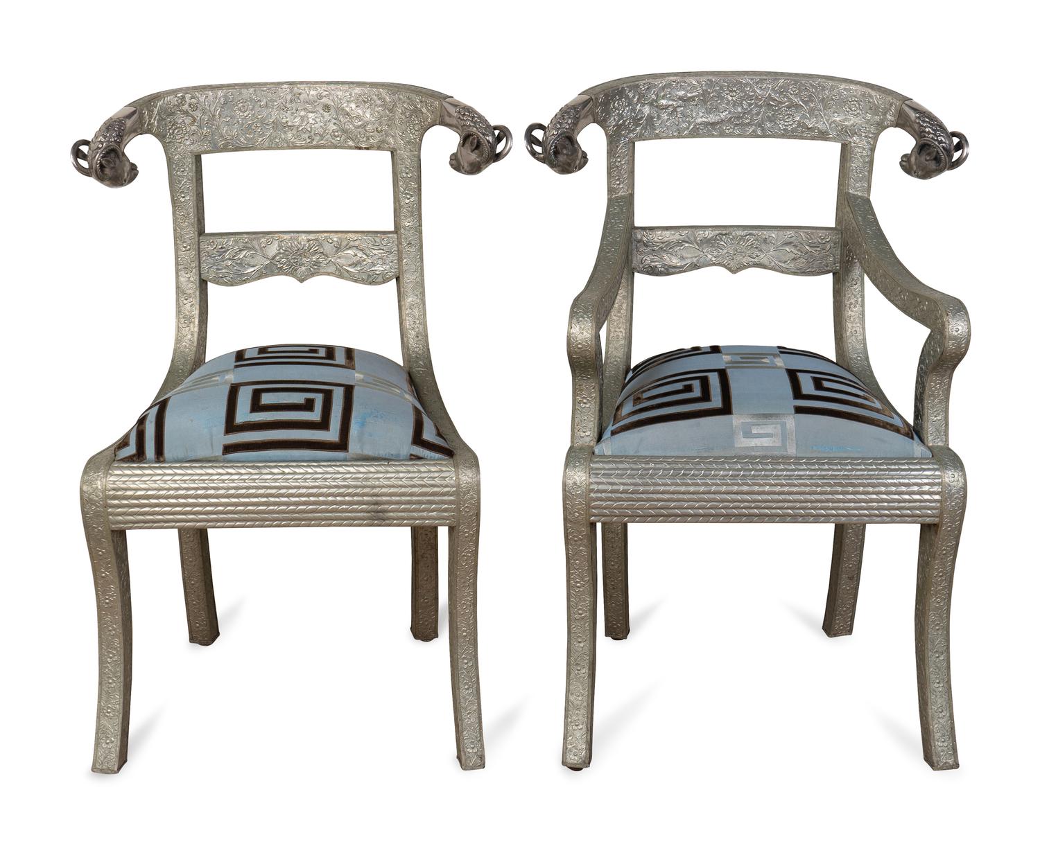 A Set of Eight Anglo-Indian Silvered Metal-Clad Dining Chairs — 20TH CENTURY