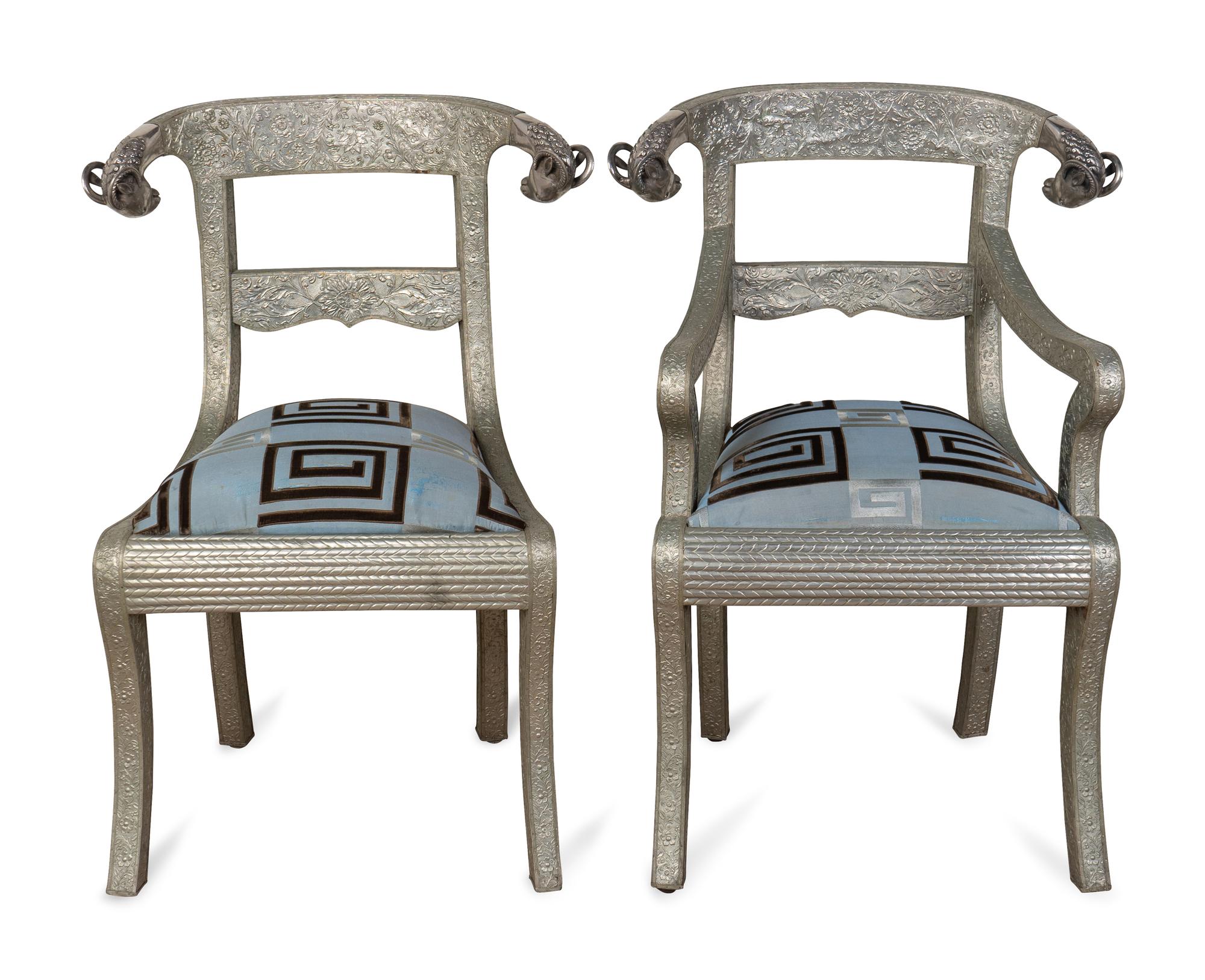 A Set of Eight Anglo-Indian Silvered Metal-Clad Dining Chairs — 20TH CENTURY