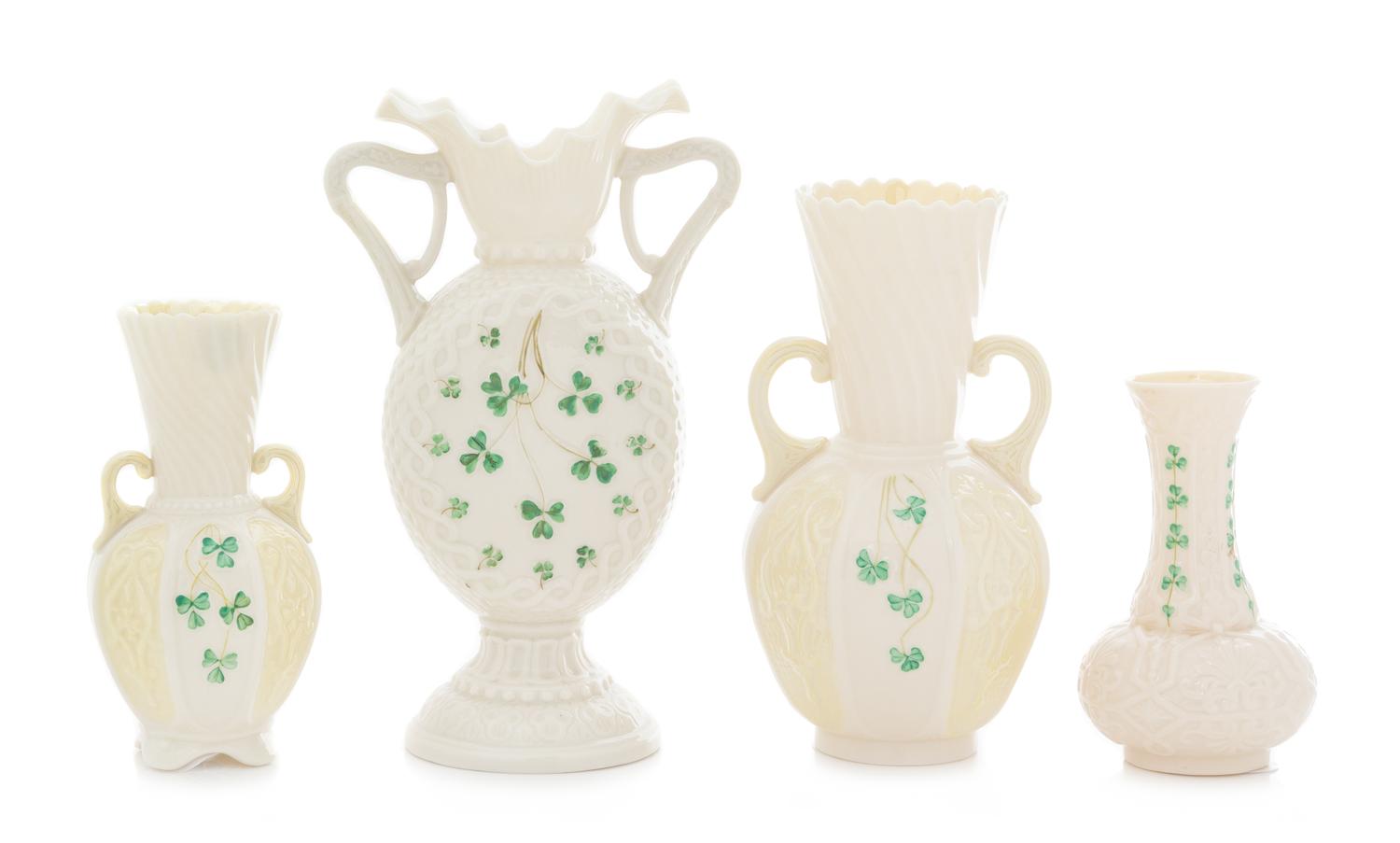 Four Belleek Shamrock Decorated Vases Height of tallest 9 inches. — SECOND BLACK MARK THROUGH FIFTH GREEN MARK (1891-1965)