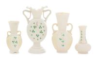 Four Belleek Shamrock Decorated Vases Height of tallest 9 inches. — SECOND BLACK MARK THROUGH FIFTH GREEN MARK (1891-1965)