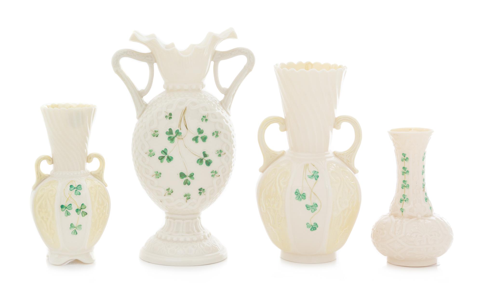 Four Belleek Shamrock Decorated Vases Height of tallest 9 inches. — SECOND BLACK MARK THROUGH FIFTH GREEN MARK (1891-1965)
