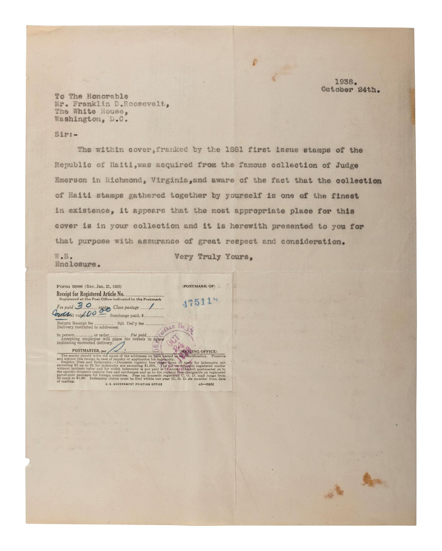 ROOSEVELT, Franklin D. (1882-1945). TLS as President, regarding his stamp collection.