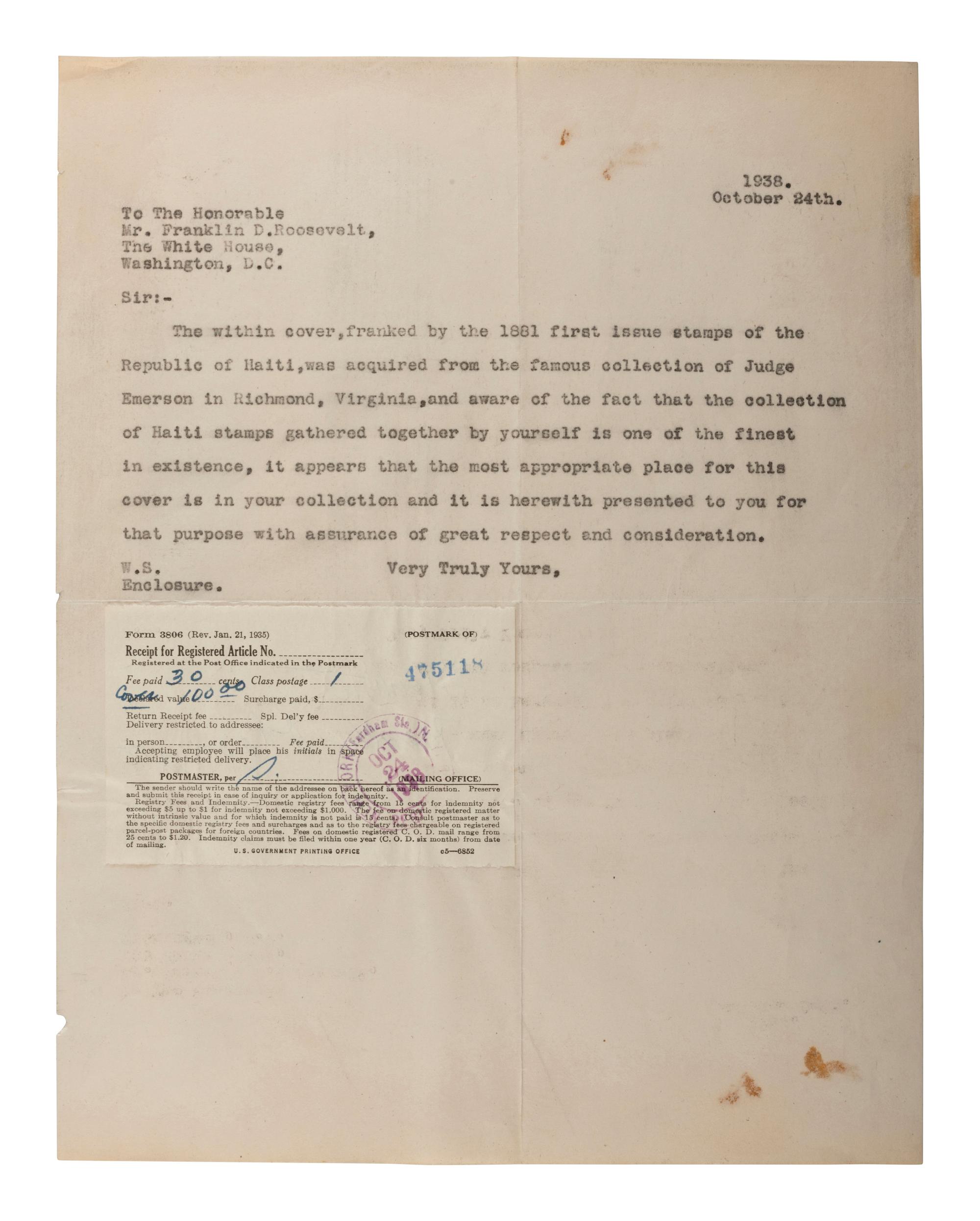 ROOSEVELT, Franklin D. (1882-1945). TLS as President, regarding his stamp collection.