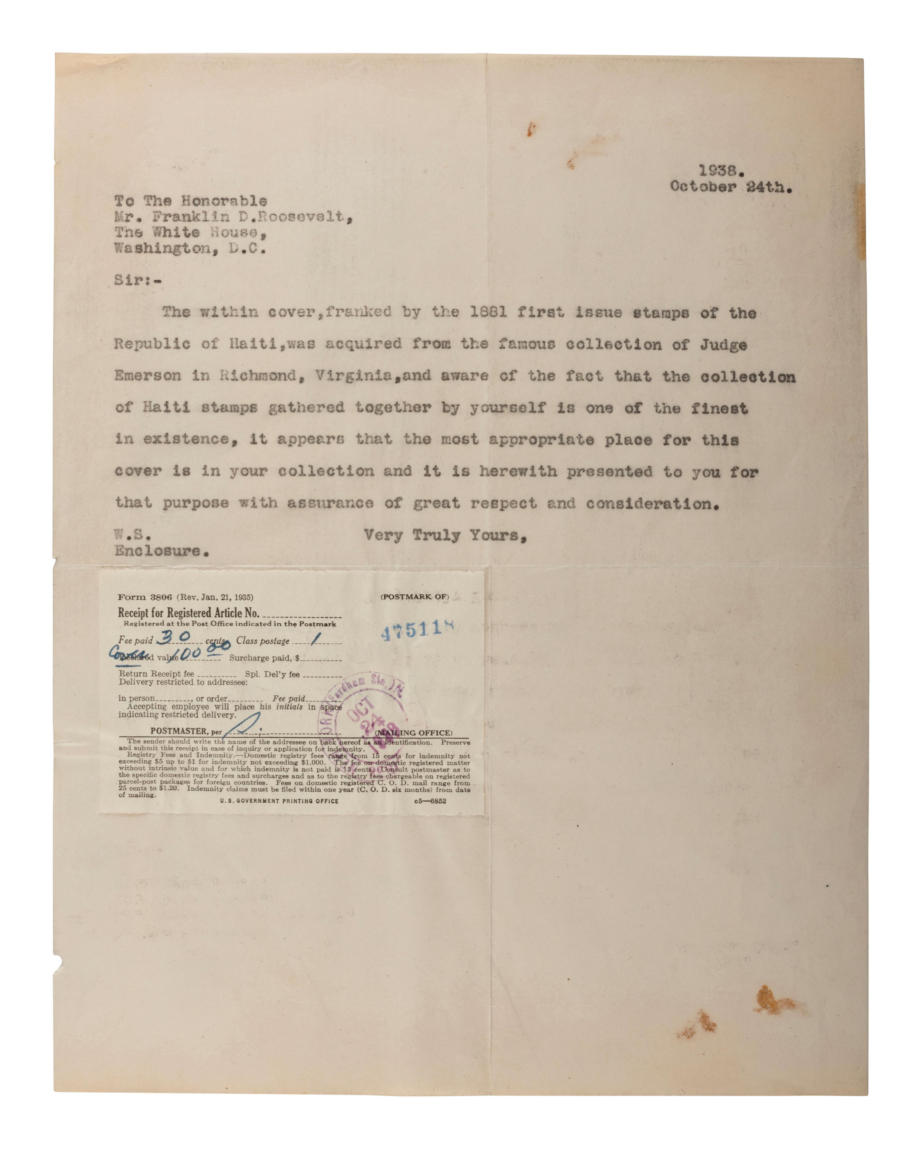ROOSEVELT, Franklin D. (1882-1945). TLS as President, regarding his stamp collection.