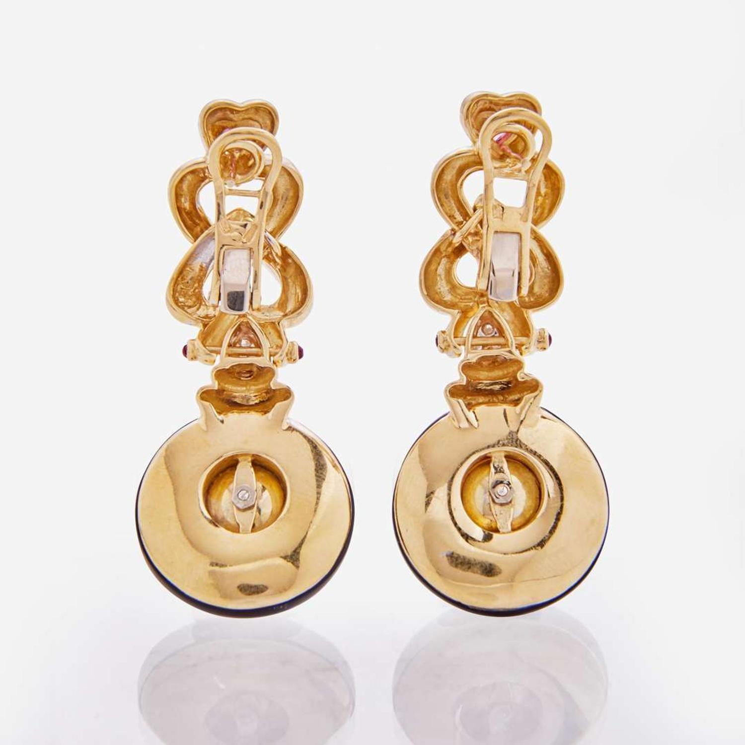 A Pair of Black Onyx, Pearl, and Tourmaline Angiolino & Zogno Earrings