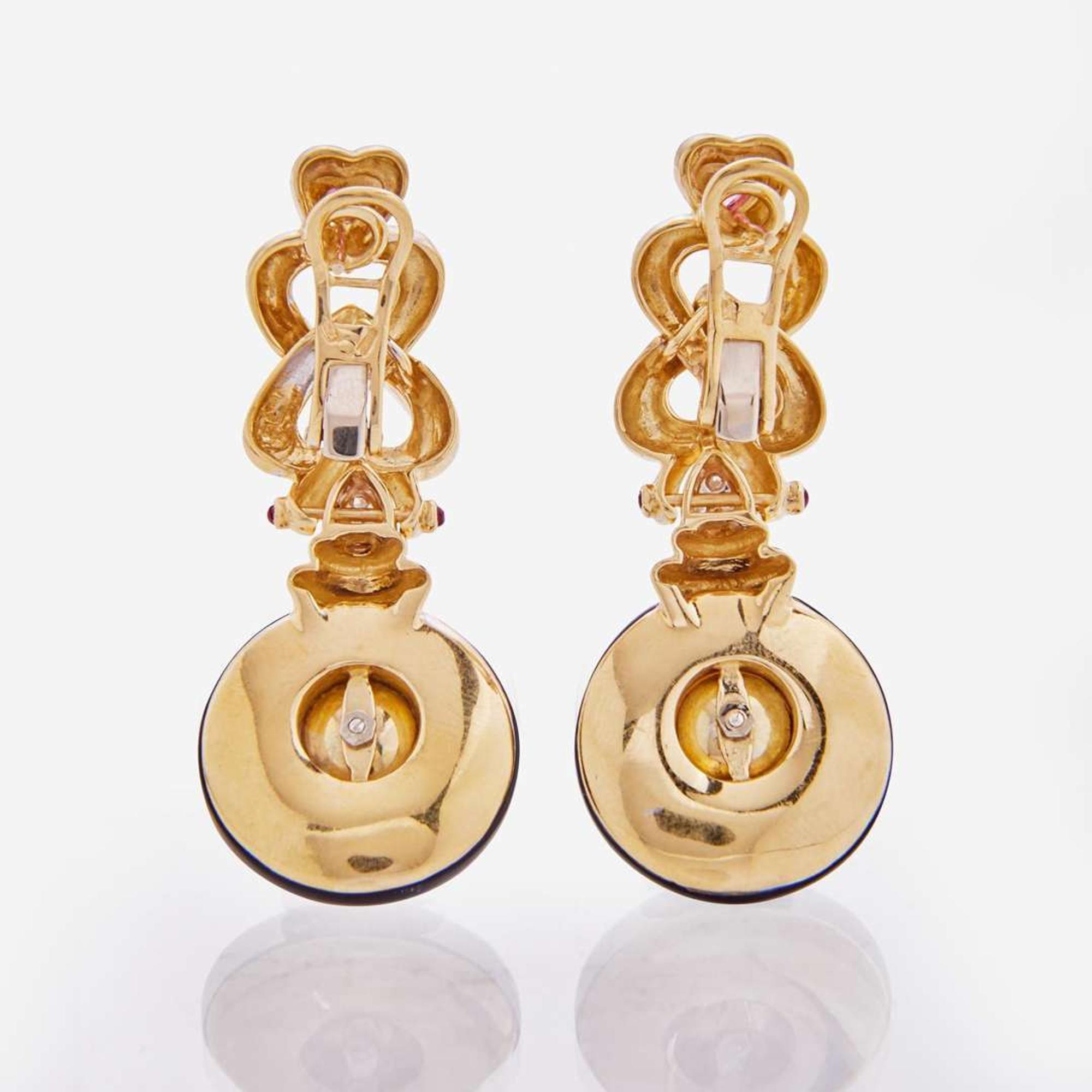 A Pair of Black Onyx, Pearl, and Tourmaline Angiolino & Zogno Earrings