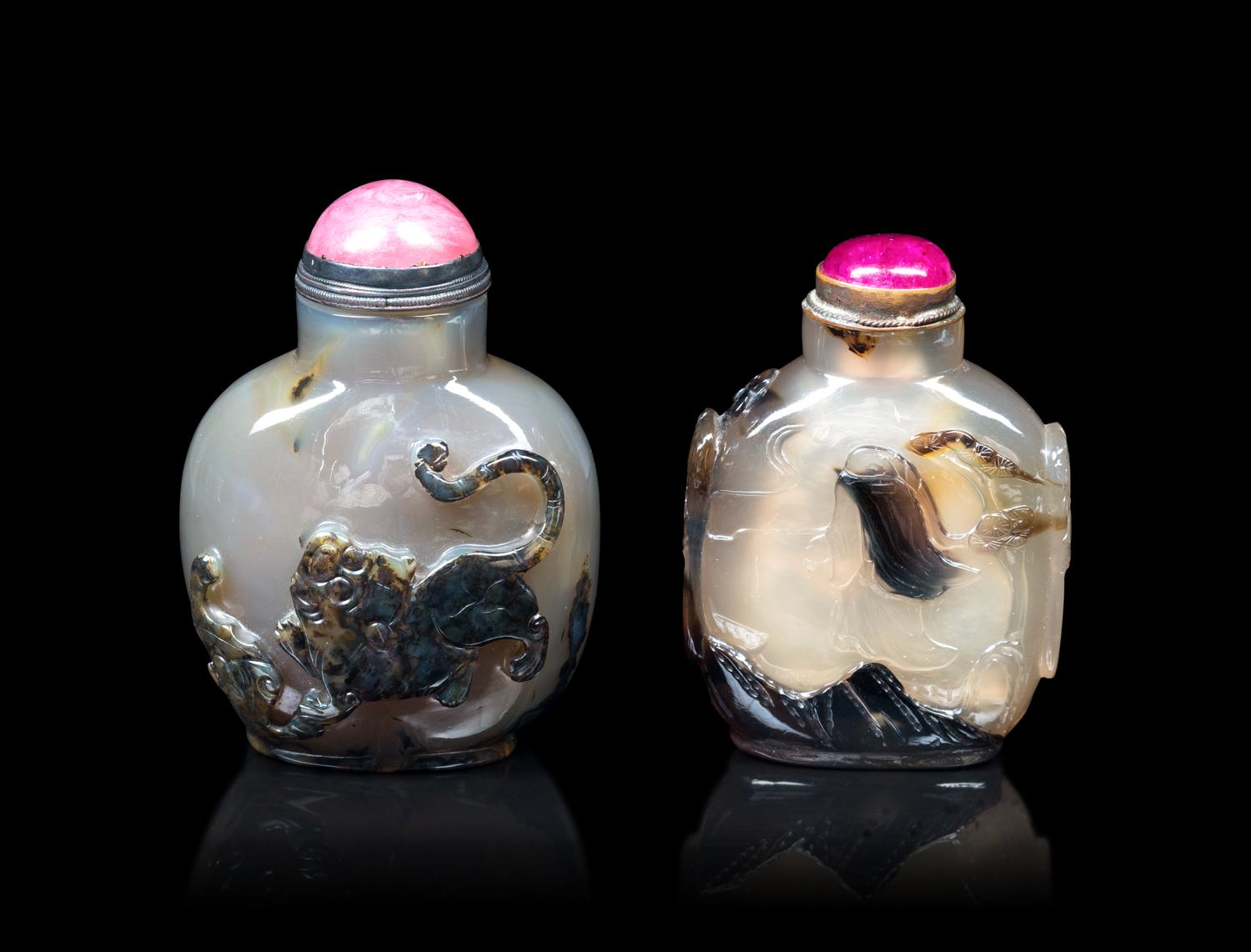 Two Carved Silhouette Agate Snuff Bottles