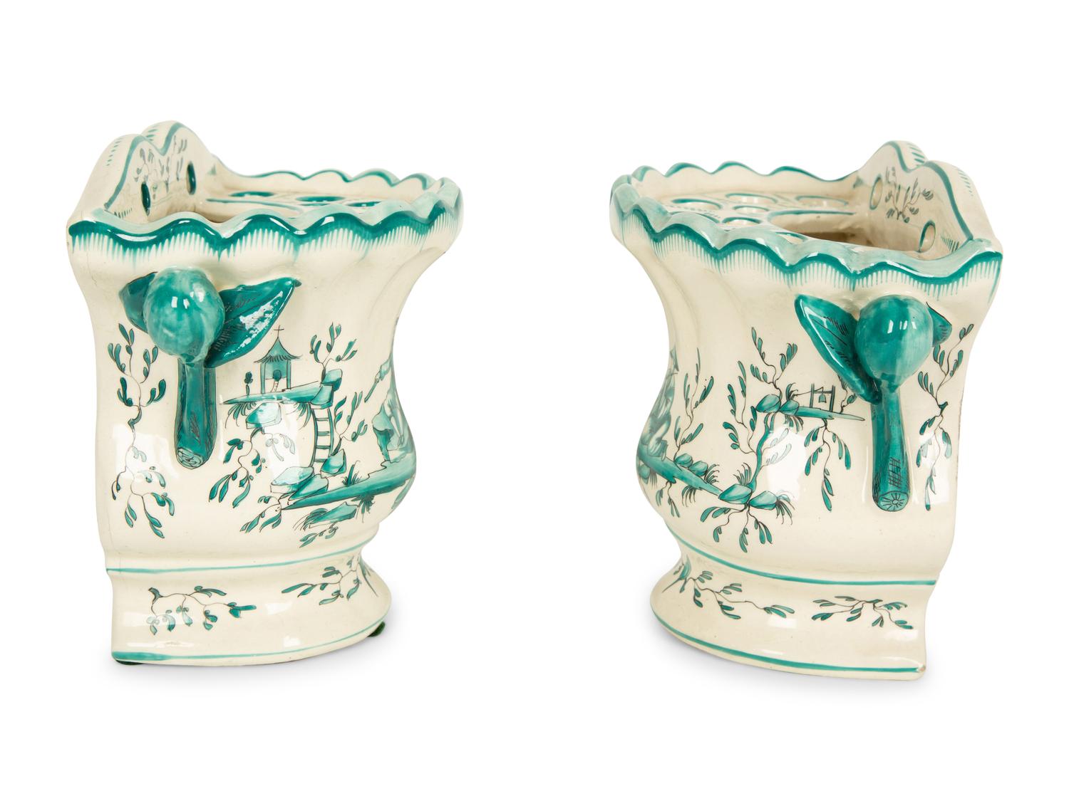 A Pair of French Green Chinoiserie Faience Tulipieres — 19TH CENTURY