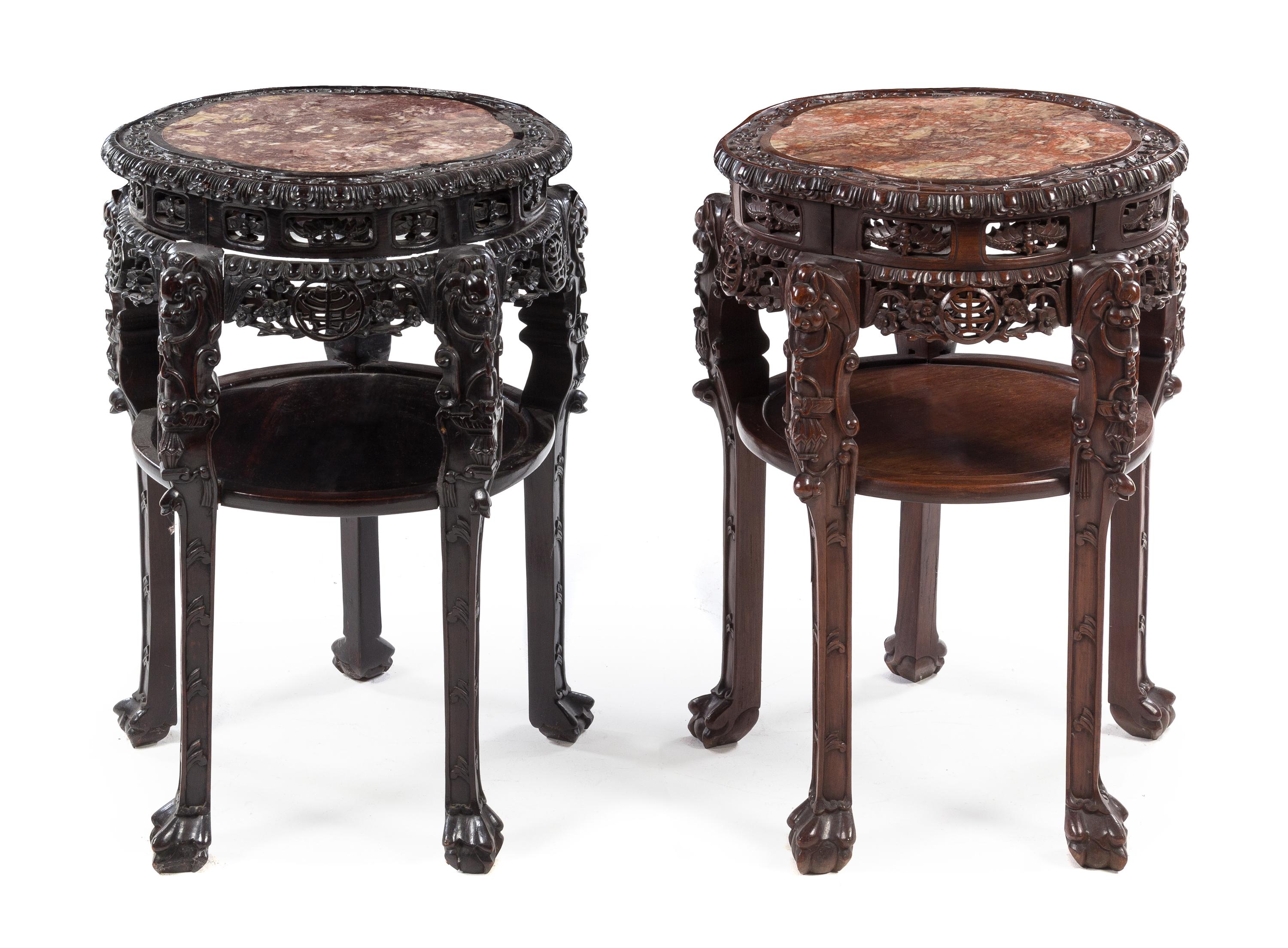 Two Chinese Marble Inset Hardwood Stands Height 32 x diameter 21 inches. — 20TH CENTURY